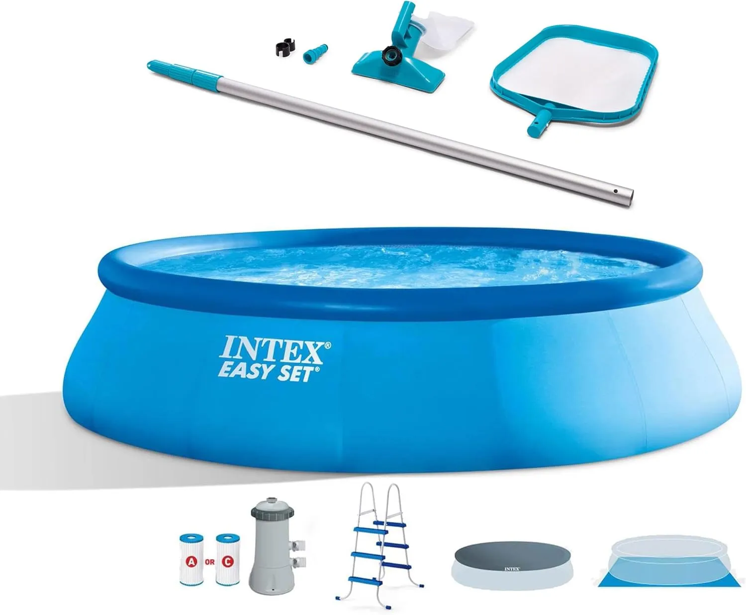 Intex 26165EH 15-Foot x 42-Inch Easy Setup Portable Inflatable Outdoor Above Ground Round Swimming Pool Set with Ladder, Filter Pump, Cover and Cleaning Maintenance Kit with Vacuum Skimmer & Pole