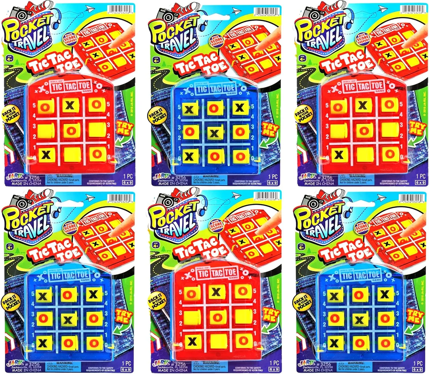 JA-RU Pocket Travel Tic Tac Toe Portable Board Games (6 Packs) | Classic Toys for Car and Airplane Games for Kids. Bulk Birthday Party Favors Plus Sticker 3256-6s