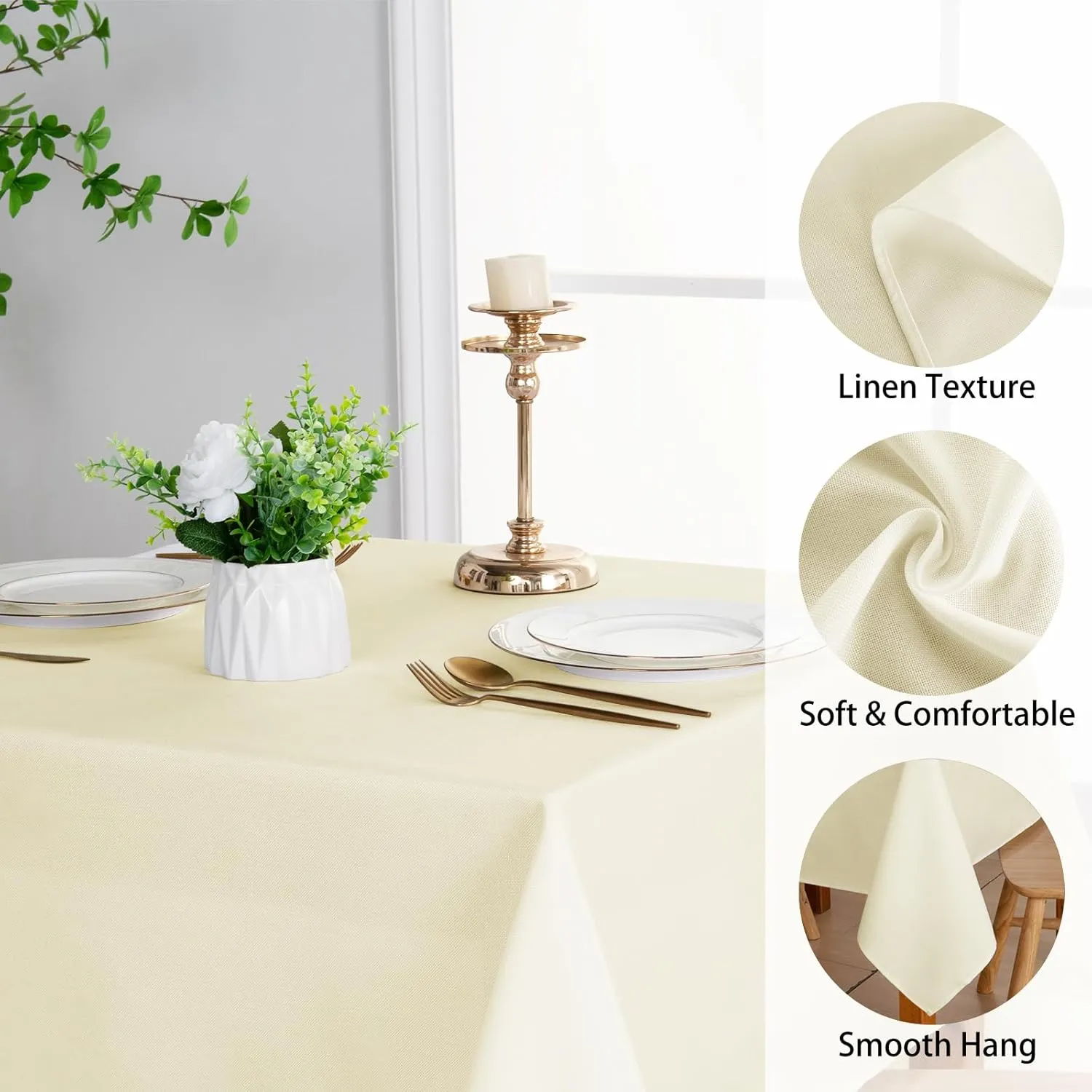 JIUZHEN Round Table Cloth Faux Linen Farmhouse Tablecloth Wrinkle and Stain Resistant Decorative Fabric Table Cover for Kitchen, Dining Room, Parties and Camping, Champagne, 90 Inch Round