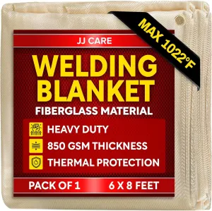 JJ CARE Welding Blanket - 6ft x 8ft - 1 Pack, 850GSM Fiberglass Welding Blanket for Smokers with Brass Grommets, Heavy Duty Fireproof Welders Mat for Industrial, Smoker, Grill and Camping