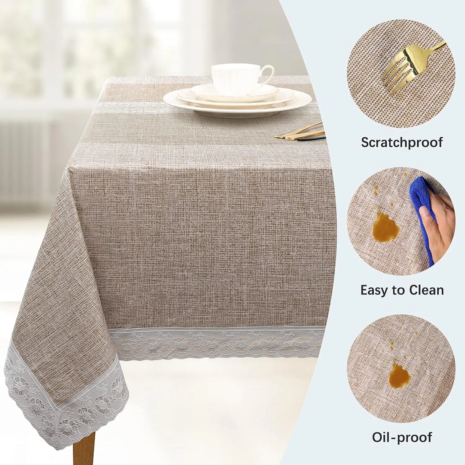 JUCFHY 58''×104'' Rectangle Tablecloth with Flannel Backing, 100% Waterproof Vinyl Tablecloths, Wipeable Spillproof Plastic Table Cloth for Dining, Camping,Indoor & Outdoor, Brown