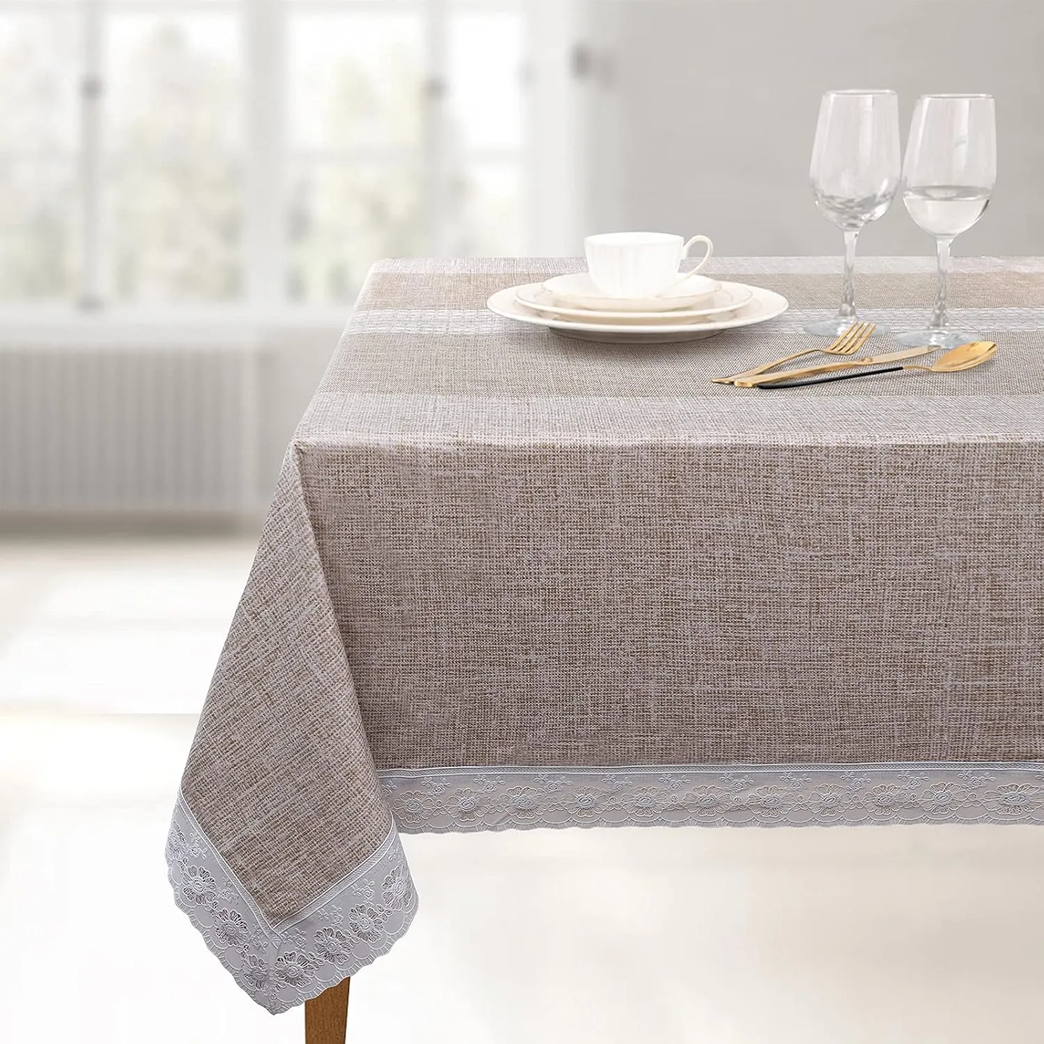 JUCFHY 58''×104'' Rectangle Tablecloth with Flannel Backing, 100% Waterproof Vinyl Tablecloths, Wipeable Spillproof Plastic Table Cloth for Dining, Camping,Indoor & Outdoor, Brown