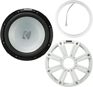 Kicker 45KM124 12 Inch Marine Subwoofer 4 Ohm White Grill with 47KLSR12 Led Lighted Speaker Ring