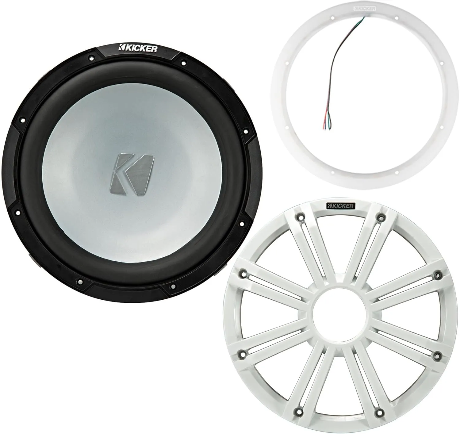 Kicker 45KM124 12 Inch Marine Subwoofer 4 Ohm White Grill with 47KLSR12 Led Lighted Speaker Ring