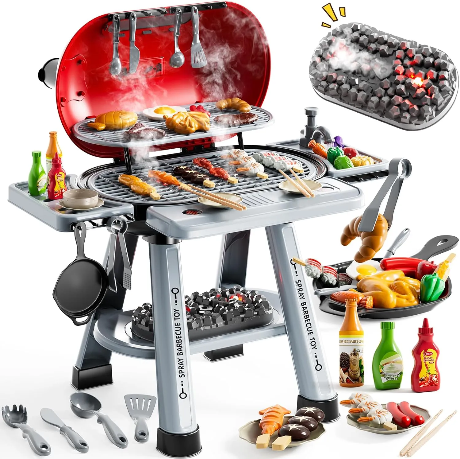 Kids BBQ Grill Playset for Kids Ages 4-8, Play Kitchen Toys with Smoke & Light for Boys Ages 3 4 5 6 7, 2-Layer Barbecue Toys Play Food Set, Indoor Outdoor Cooking Toy for Boys Girls 3-5
