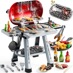 Kids BBQ Grill Playset for Kids Ages 4-8, Play Kitchen Toys with Smoke & Light for Boys Ages 3 4 5 6 7, 2-Layer Barbecue Toys Play Food Set, Indoor Outdoor Cooking Toy for Boys Girls 3-5
