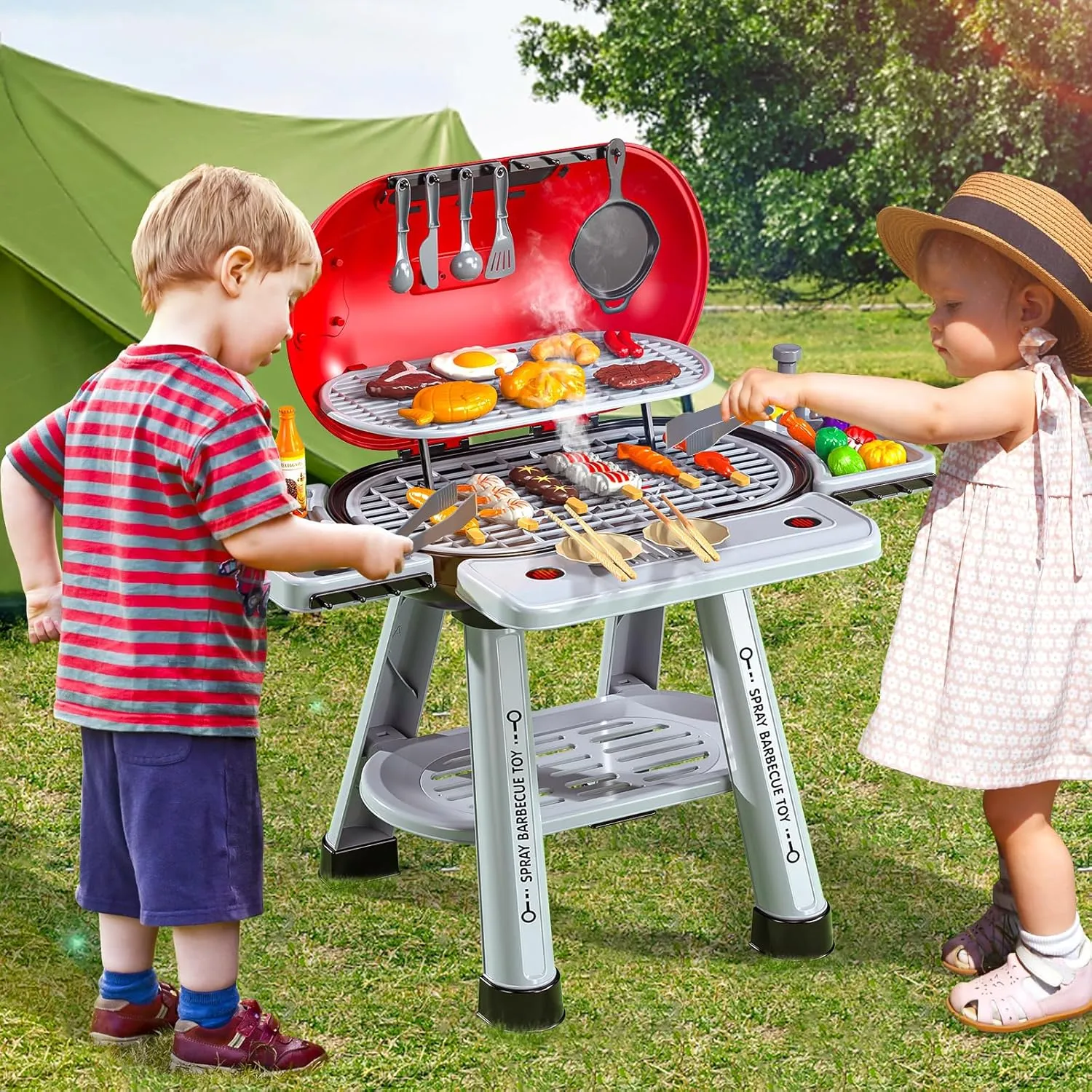 Kids BBQ Grill Playset for Kids Ages 4-8, Play Kitchen Toys with Smoke & Light for Boys Ages 3 4 5 6 7, 2-Layer Barbecue Toys Play Food Set, Indoor Outdoor Cooking Toy for Boys Girls 3-5