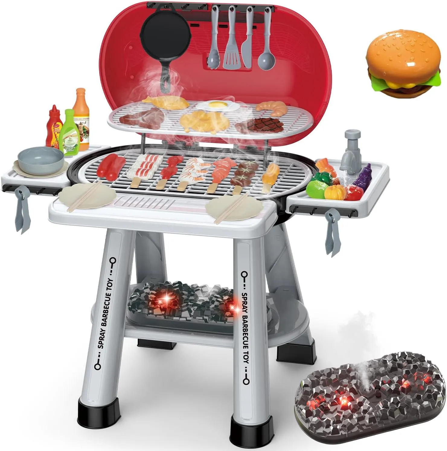 Kids Grill Playset Kitchen Toys - Outdoor Toys Play Grill Set for Kids Ages 4-8 Year Old - BBQ Kitchen Toy with Smoke Light 2-Layer Barbecue Pretend Play Food Toys Gift for Boys Girls
