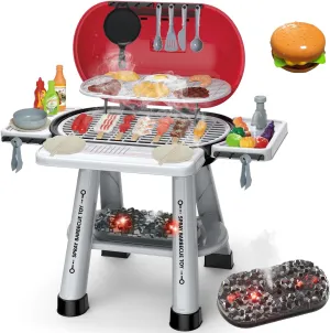 Kids Grill Playset Kitchen Toys - Outdoor Toys Play Grill Set for Kids Ages 4-8 Year Old - BBQ Kitchen Toy with Smoke Light 2-Layer Barbecue Pretend Play Food Toys Gift for Boys Girls