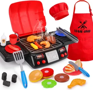 Kids Grill Playset Kitchen Toys with Apron Hat for Cooking Food Smoke Light Outdoor Pretend Play Accessories 3-5 4-8 BBQ Outside Camping Barbecue Toddler Boy Toy 3 4 5 6 Year Old Birthday Gift