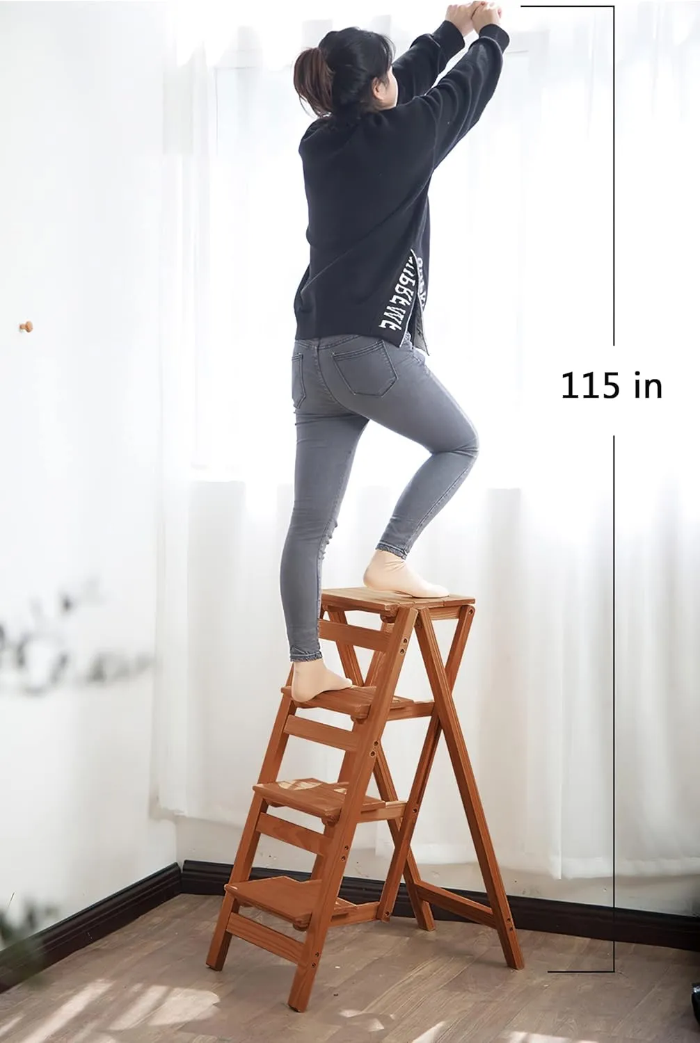 KINGBO Step Stool for Adults/Step Ladder/Counter Chair, 4-Step Folding Portable Wooden Step Stool, Anti-Slip & Lightweight (Nut - Brown)
