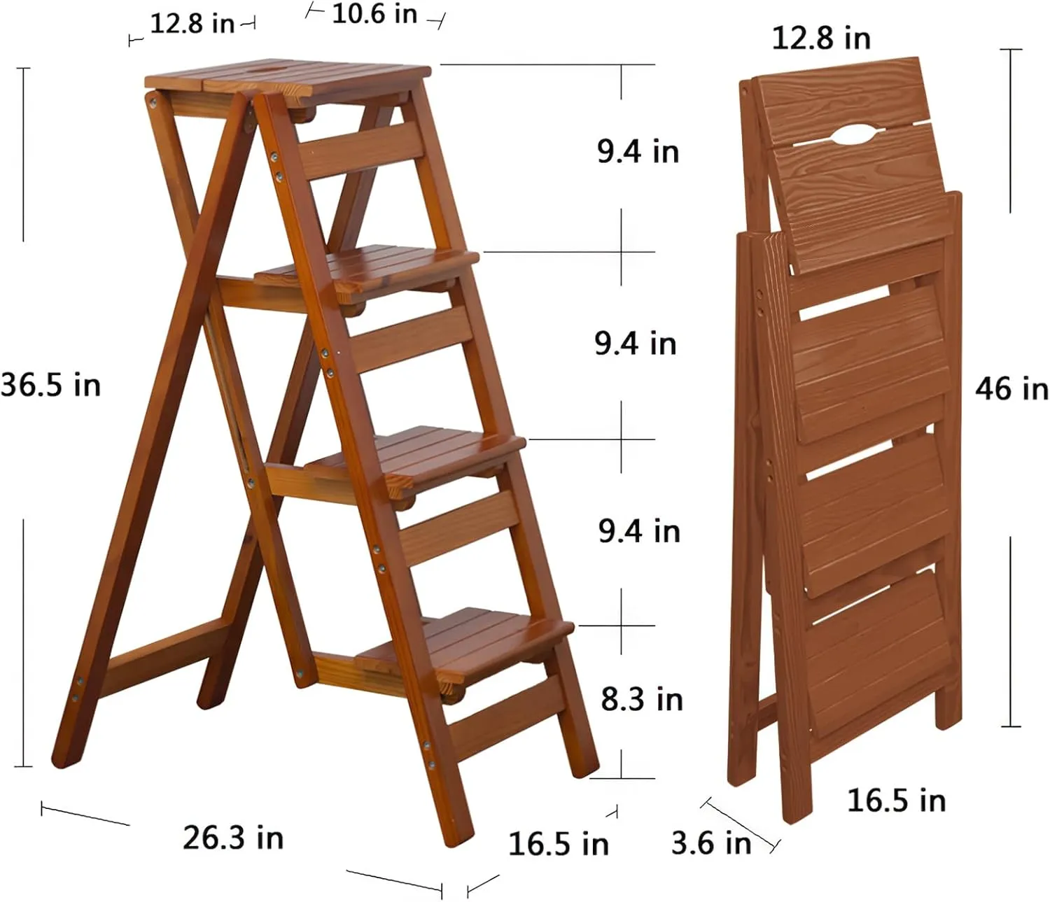 KINGBO Step Stool for Adults/Step Ladder/Counter Chair, 4-Step Folding Portable Wooden Step Stool, Anti-Slip & Lightweight (Nut - Brown)