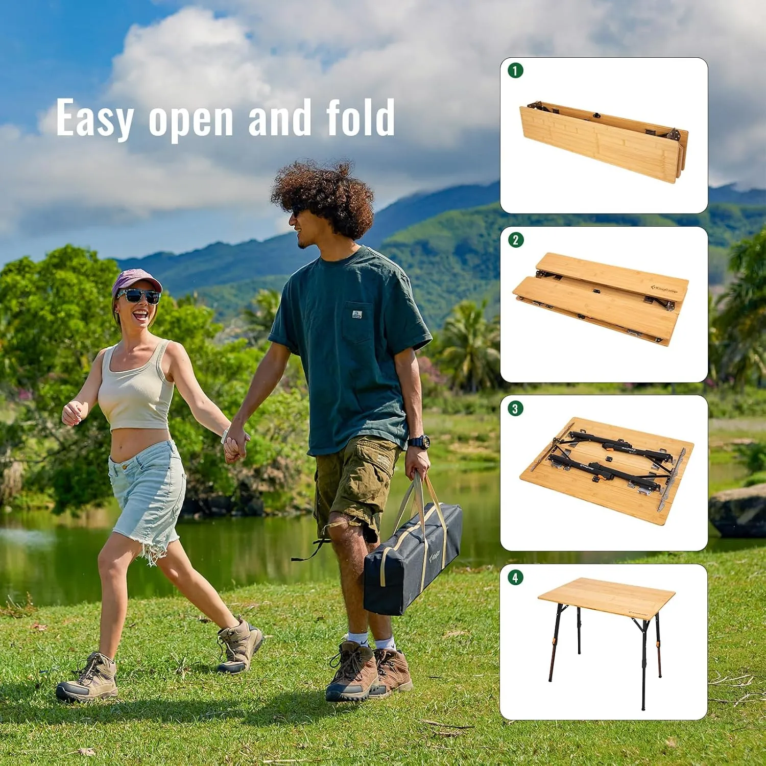KingCamp Bamboo Folding Table, 4-Fold Camping Adjustable Height Portable Outdoor Lightweight & Compact Table with Aluminum Frame for RV Picnic BBQ Tailgating