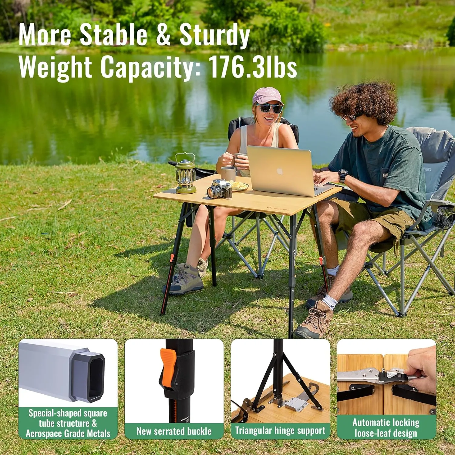 KingCamp Bamboo Folding Table, 4-Fold Camping Adjustable Height Portable Outdoor Lightweight & Compact Table with Aluminum Frame for RV Picnic BBQ Tailgating