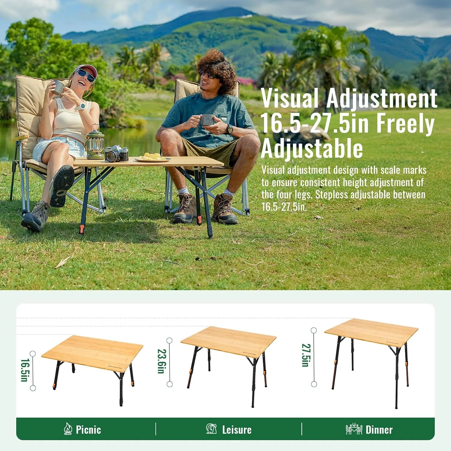 KingCamp Bamboo Folding Table, 4-Fold Camping Adjustable Height Portable Outdoor Lightweight & Compact Table with Aluminum Frame for RV Picnic BBQ Tailgating