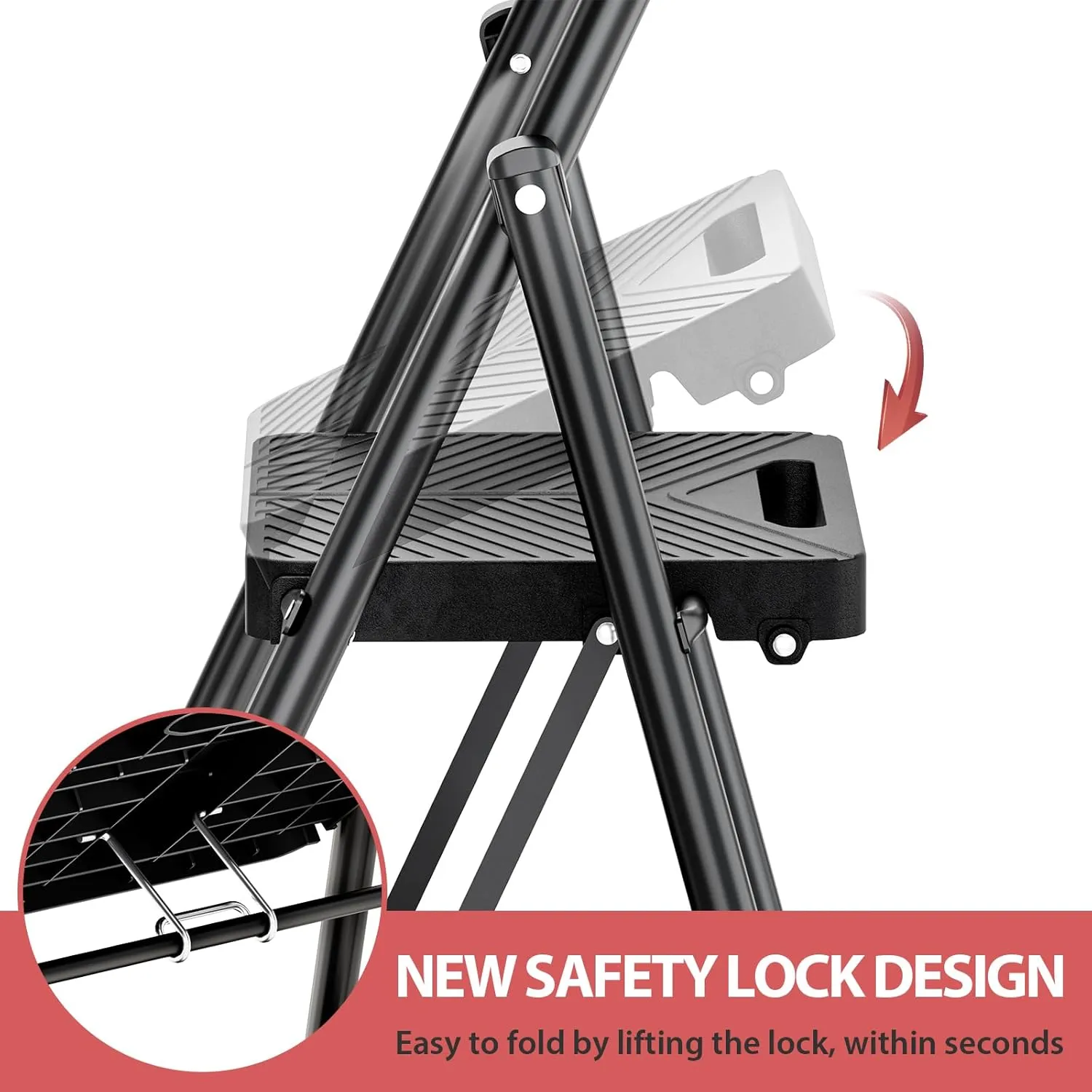 KINGRACK 4 Step Ladder, Folding Step Stool with Safe-Lock Design, 500 lbs Sturdy Steel Ladder with Wide Anti-Slip Pedal, Convenient Handrail for Household and Kitchen, Black