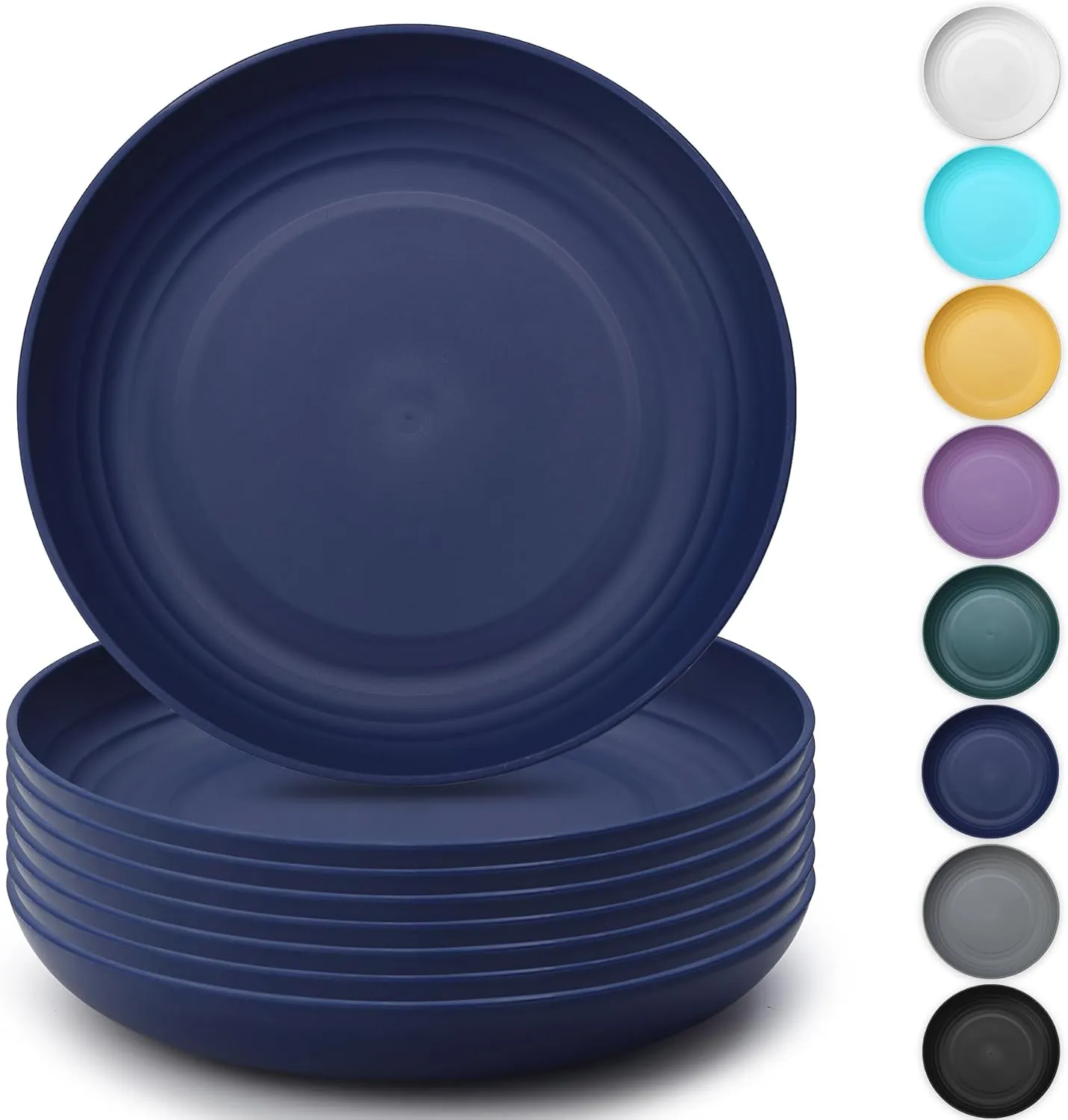 Kyraton Large Deep Plastic Plates 8 Pieces, 9 Inch Dinner Plates, Unbreakable And Reusable Light Weight Dinner Plates Pasta and Dumpling Bowl Microwave Safe