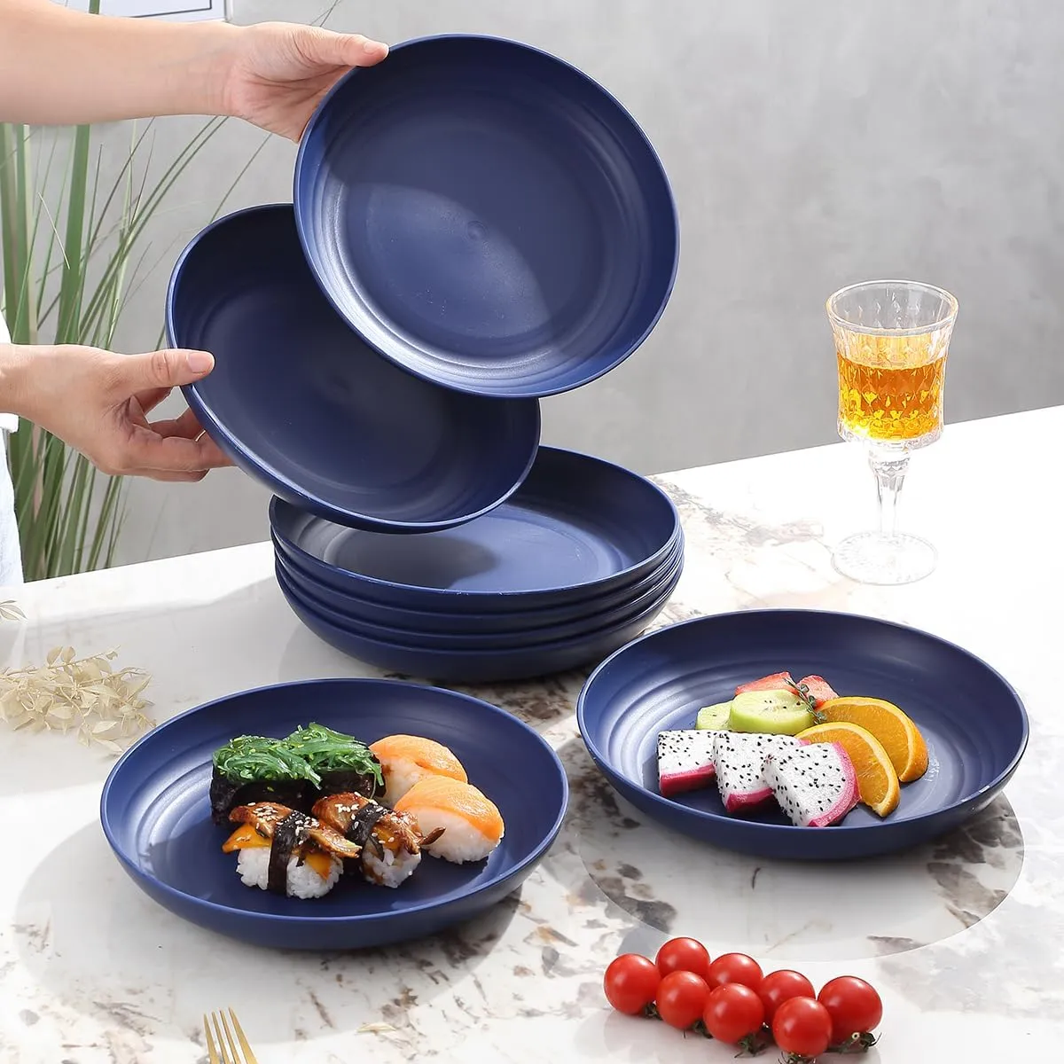 Kyraton Large Deep Plastic Plates 8 Pieces, 9 Inch Dinner Plates, Unbreakable And Reusable Light Weight Dinner Plates Pasta and Dumpling Bowl Microwave Safe