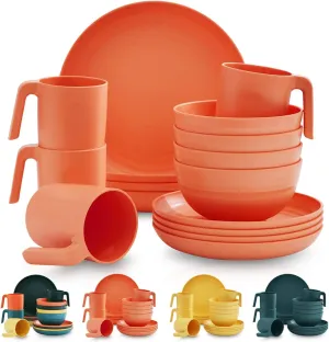 Kyraton Plastic Dinnerware Set of 16 Pieces, Unbreakable And Reusable Light Weight Plates Mugs Bowls Dishes Easy to Carry And Clean Microwave Safe BPA Free Dishwasher Safe Service For 4 (Orange)