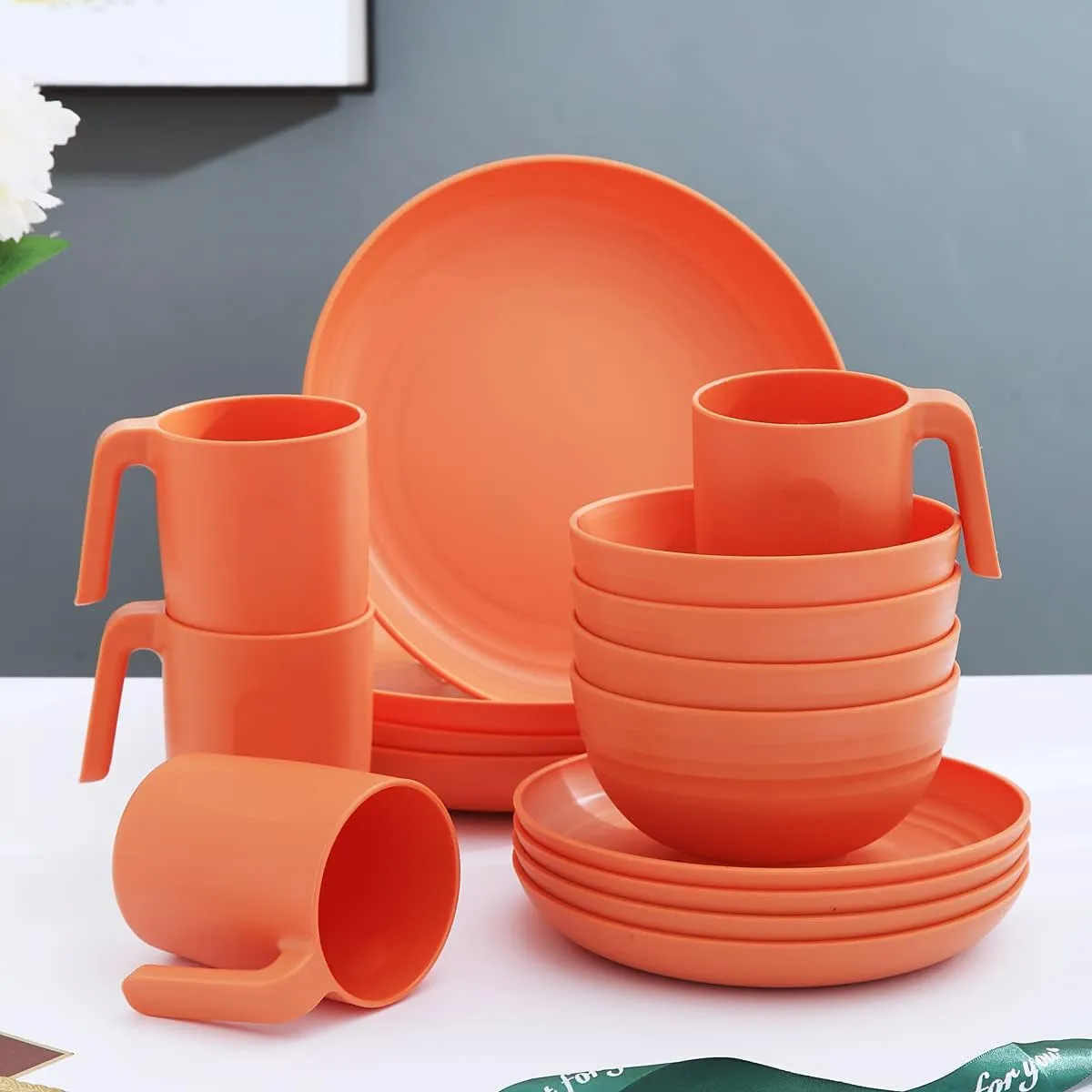 Kyraton Plastic Dinnerware Set of 16 Pieces, Unbreakable And Reusable Light Weight Plates Mugs Bowls Dishes Easy to Carry And Clean Microwave Safe BPA Free Dishwasher Safe Service For 4 (Orange)
