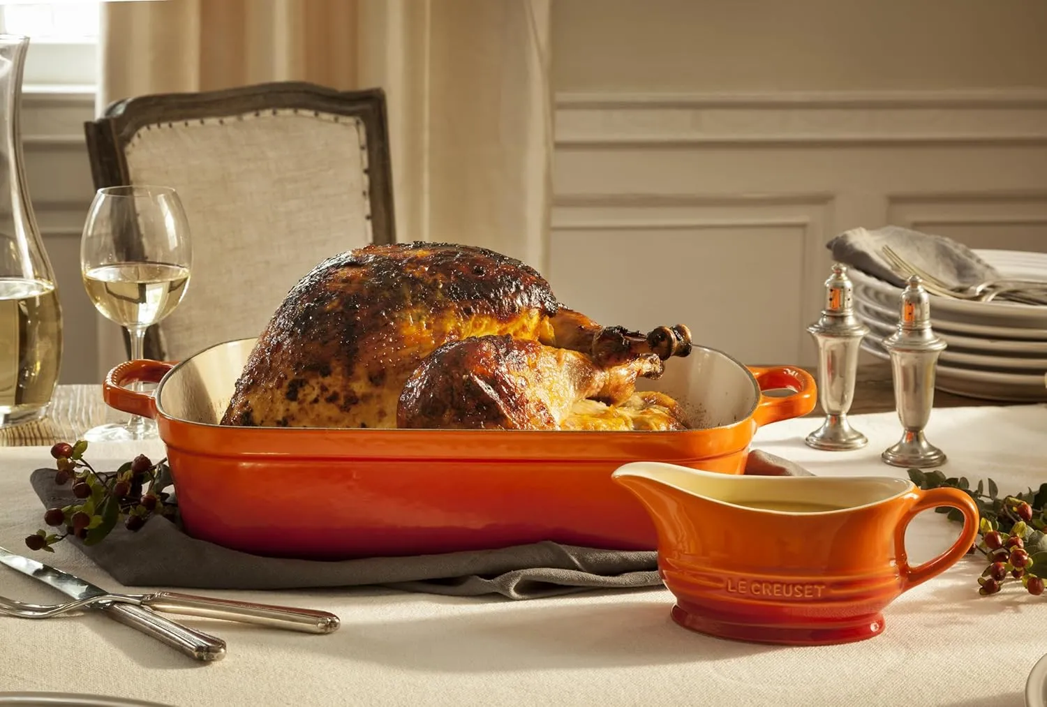 Le Creuset Enameled Cast Iron Signature Rectangular Roaster, 5.25 qt. (11.7" x 16.8") , Flame