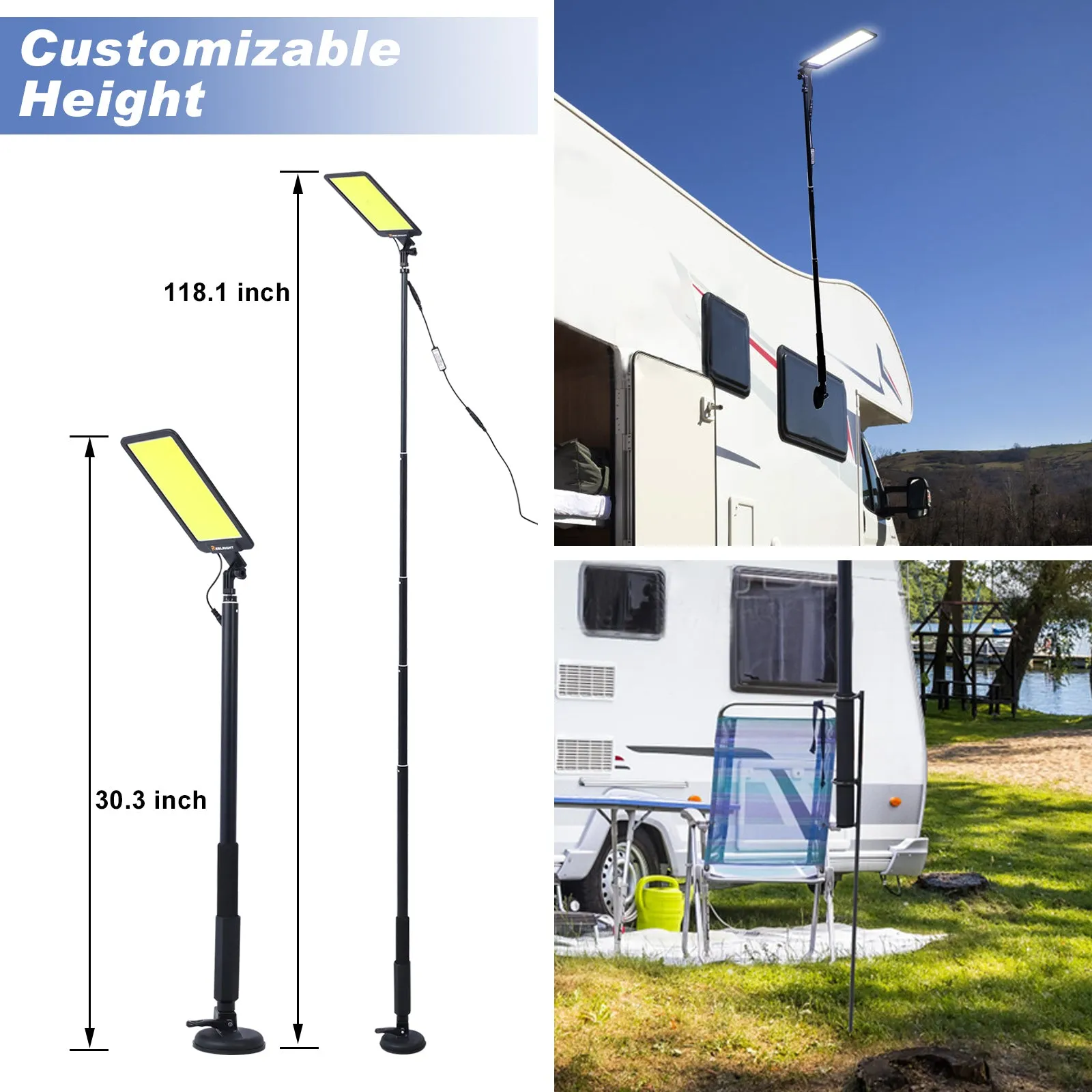 Led Camping Light, 12V 10000 Lumen Super Bright Portable Outdoor Lights with Telescoping Pole Suction Cup Magnetic Base, Flood Lamp for Outdoors Camp, Fishing, Picnic, BBQ, Power Failure
