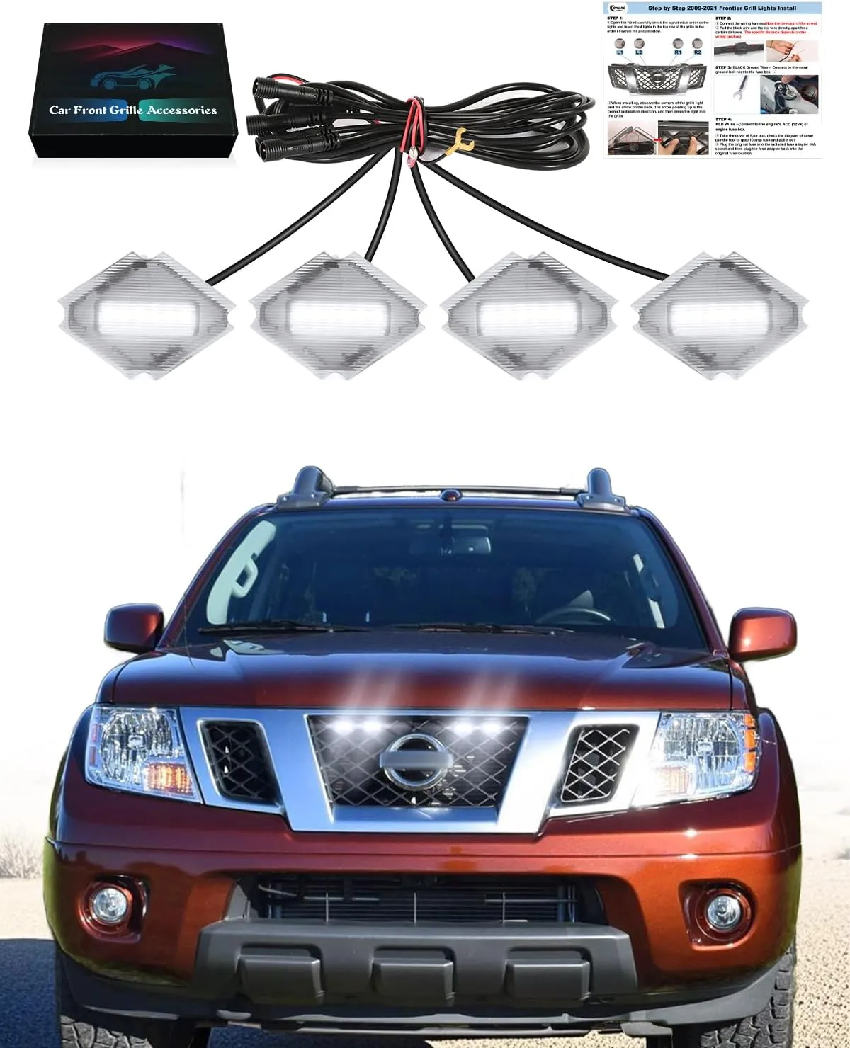 LED Front Grill Lights for Nissan Frontier 2009-2021 Raptor Lights fit S SV Prox PRO4X SL OEM Grille Accessories (White)