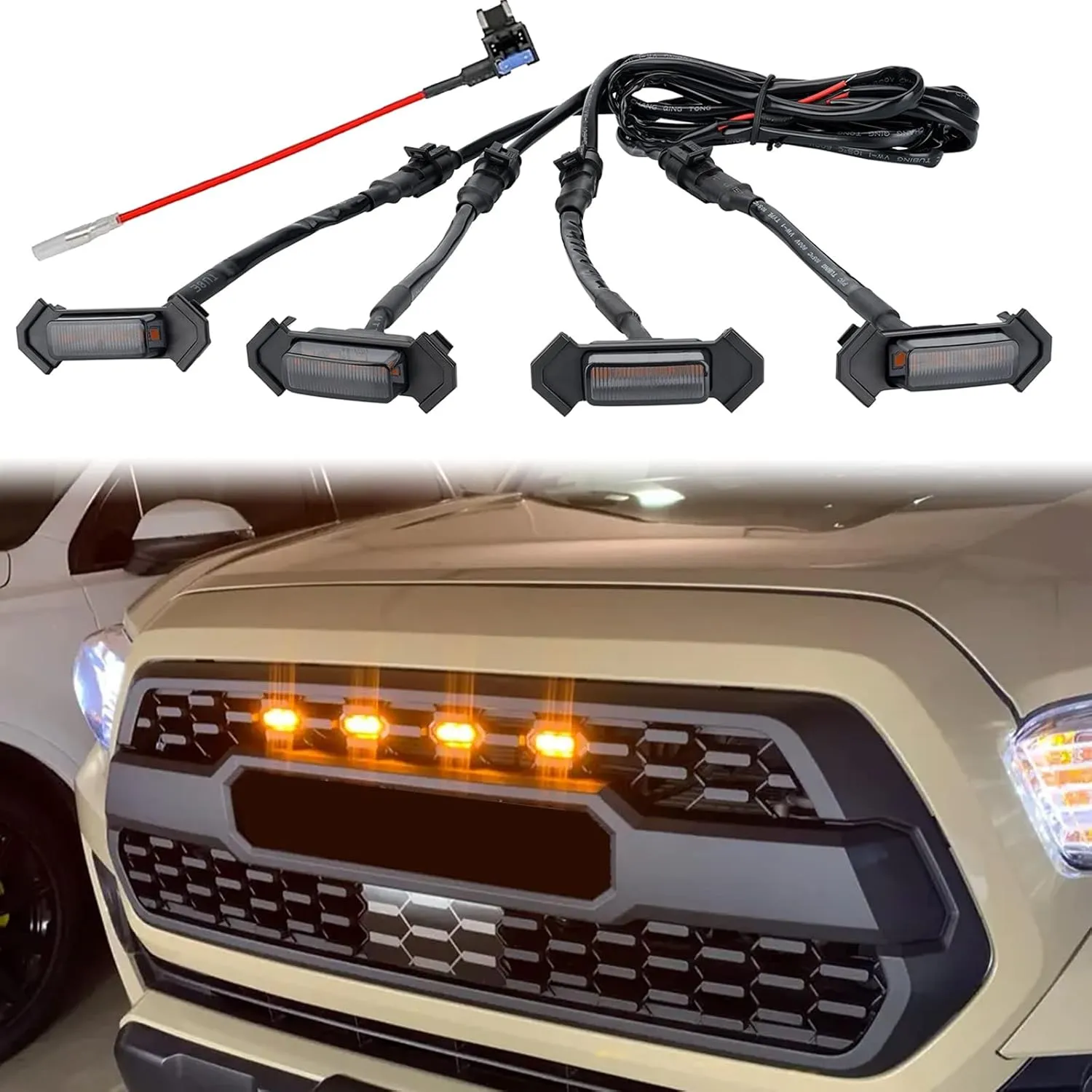 LED Grill Lights for 2016-2019 Aftermarket Toyota Tacoma TRD PRO Grille with Harness & Fuse(Amber light with black housing)