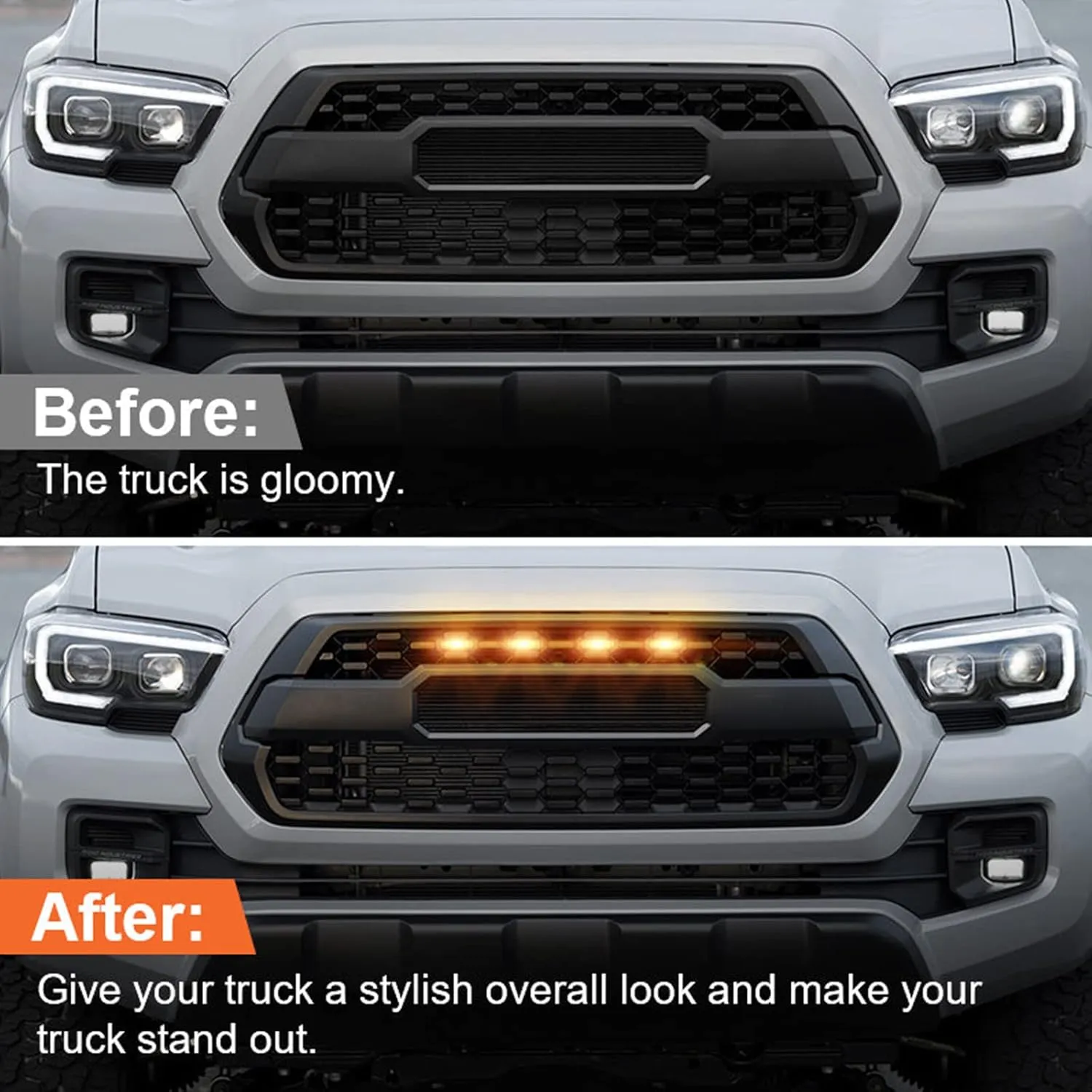 LED Grill Lights for 2016-2019 Aftermarket Toyota Tacoma TRD PRO Grille with Harness & Fuse(Amber light with black housing)