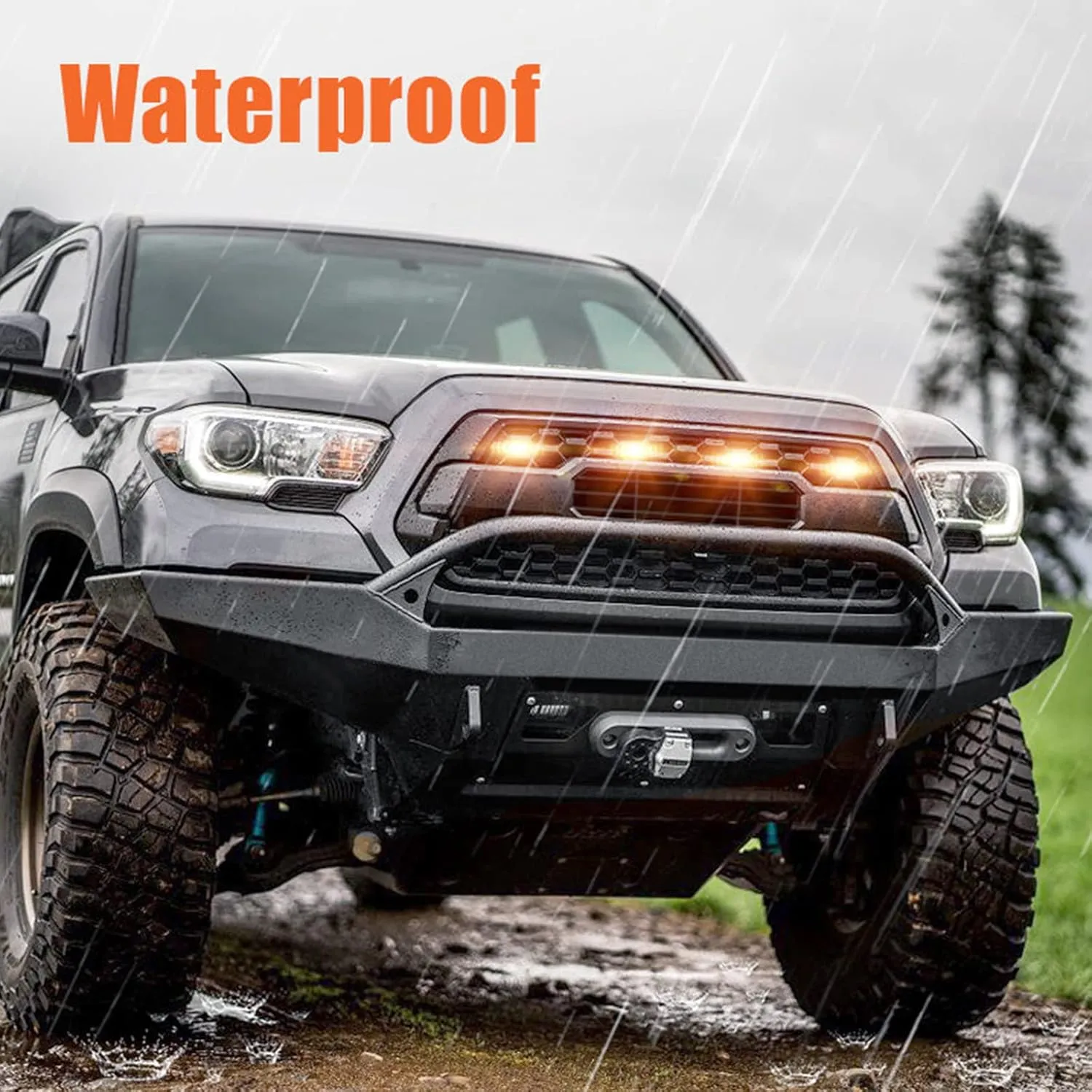 LED Grill Lights for 2016-2019 Aftermarket Toyota Tacoma TRD PRO Grille with Harness & Fuse(Amber light with black housing)