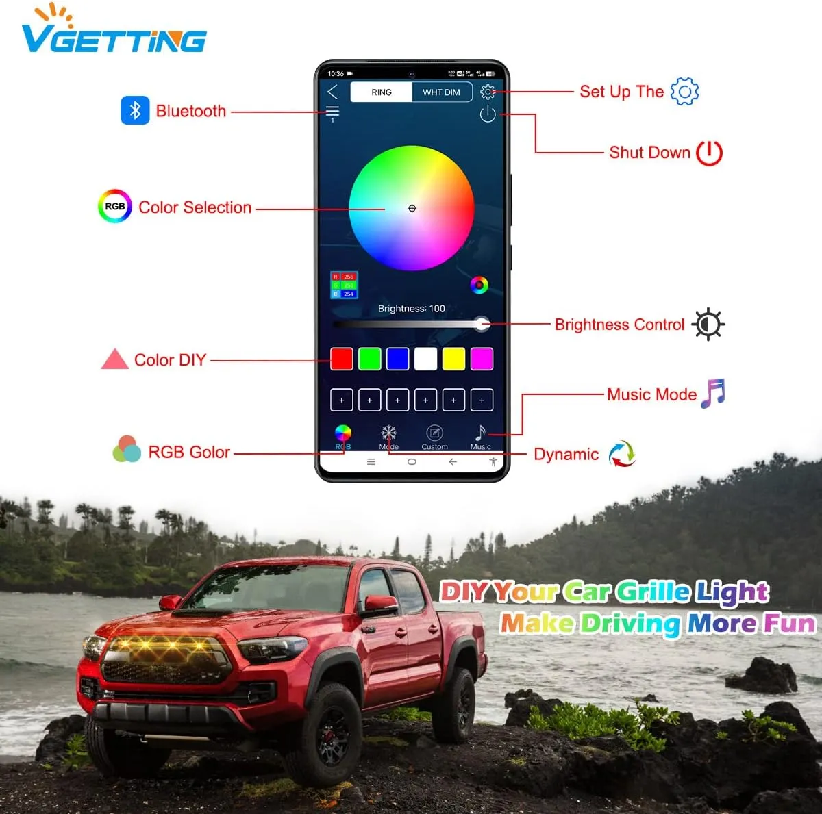 LED Grille Lights for Tacoma TRD Pro 2016 2017 2018 2019 2020 2021, APP Control Multicolor RGB Grill Light with 4 in 1 Cable