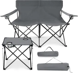 Leonyo Double Camping Chair, Loveseat Camping Chair with Folding Table, 2 Person Outdoor Folding Beach Chairs for Adults, Cup Holders & Carry Bag for Outside Travel, Supports 500lbs, Grey