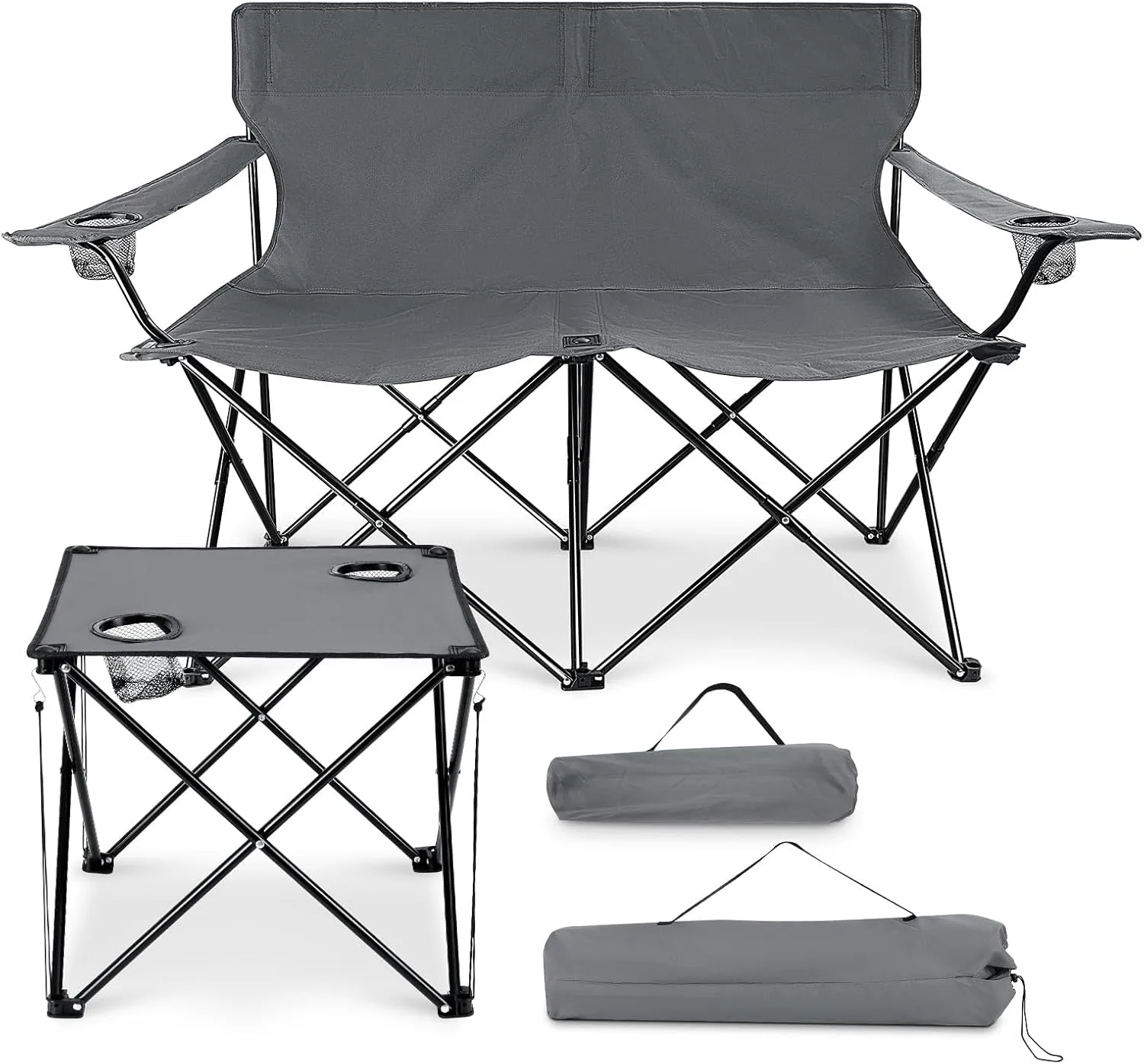 Leonyo Double Camping Chair, Loveseat Camping Chair with Folding Table, 2 Person Outdoor Folding Beach Chairs for Adults, Cup Holders & Carry Bag for Outside Travel, Supports 500lbs, Grey