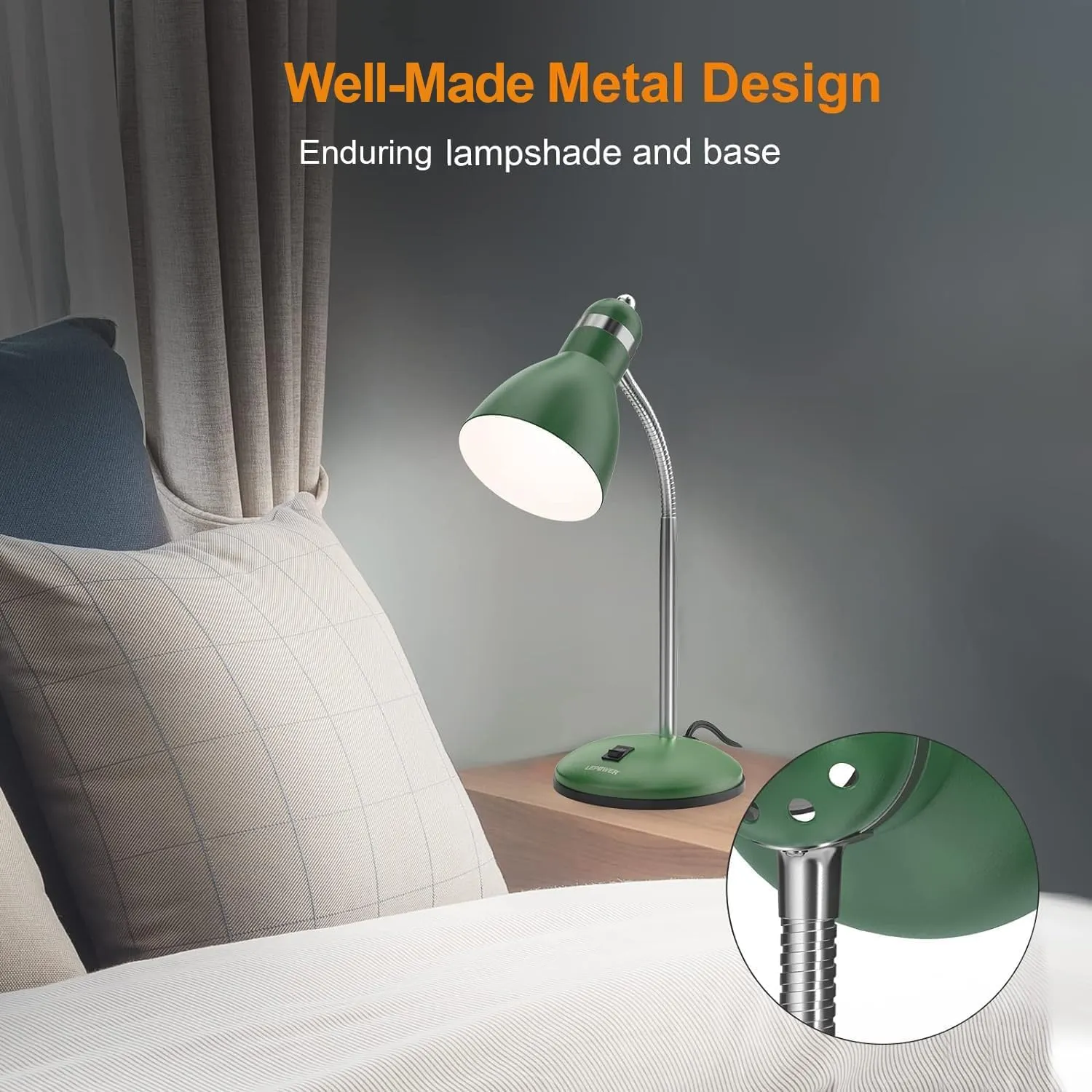LEPOWER Metal Desk Lamp, Adjustable Goose Neck Table Lamp, Eye-Caring Study Desk Lamps for Bedroom, Study Room and Office (Green)
