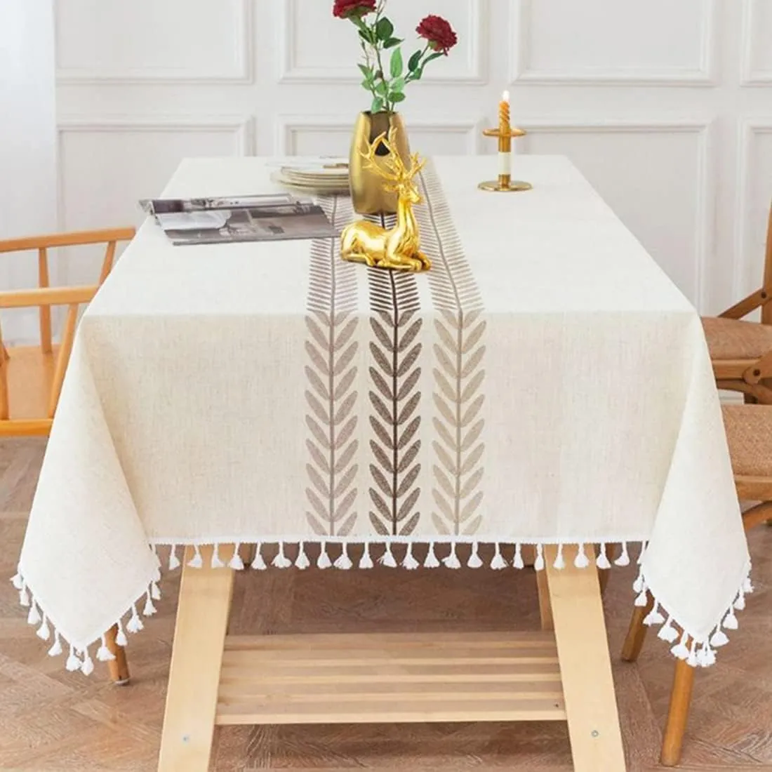 Linen Rectangle Table Cloth Waterproof Cotton Fabric Farmhouse Burlap Rustic Boho Embroidered Leaf Oblong Tablecloth for Party Holiday,Camping,Picnic,Kitchen and Dining Room Table Decor,55"x 102"