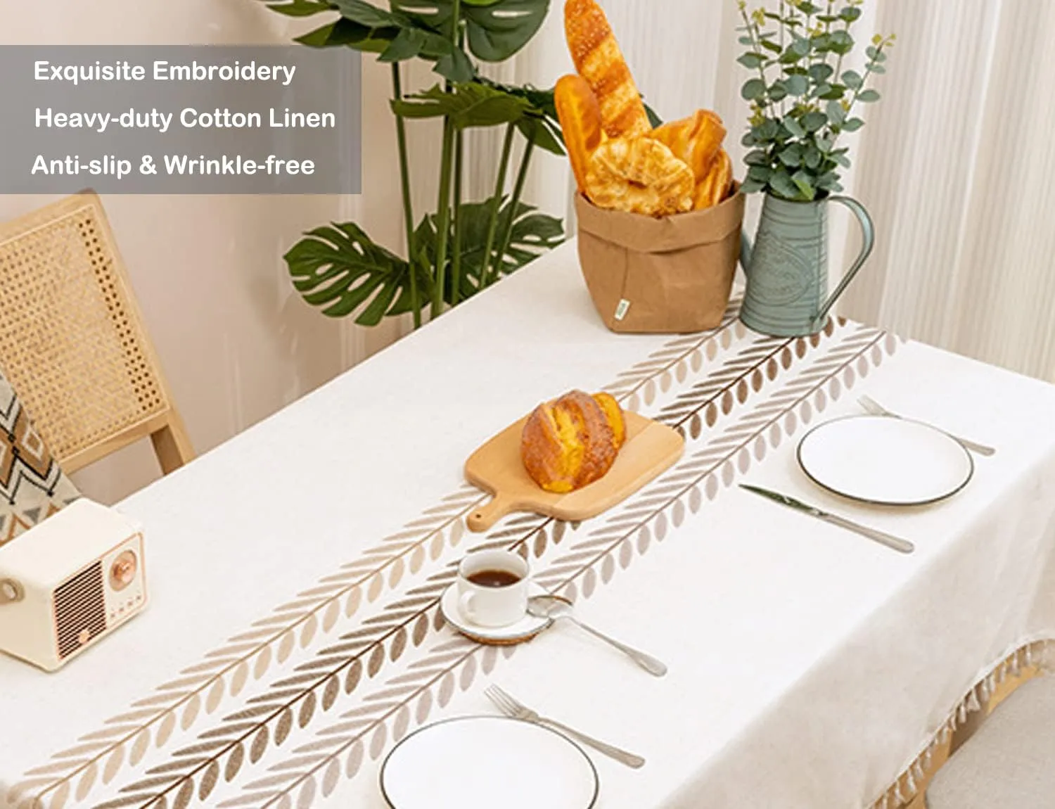 Linen Rectangle Table Cloth Waterproof Cotton Fabric Farmhouse Burlap Rustic Boho Embroidered Leaf Oblong Tablecloth for Party Holiday,Camping,Picnic,Kitchen and Dining Room Table Decor,55"x 102"