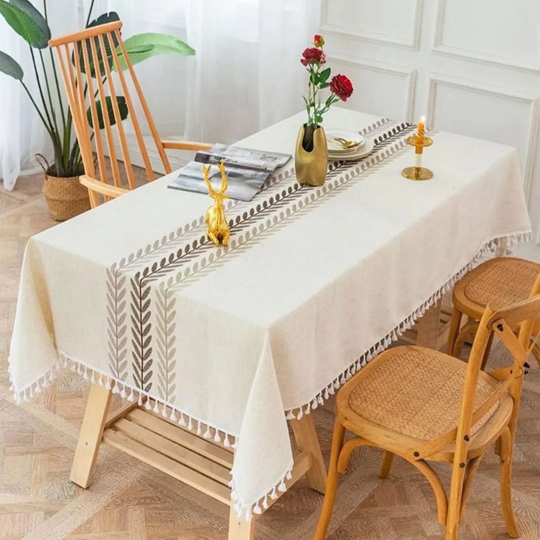 Linen Rectangle Table Cloth Waterproof Cotton Fabric Farmhouse Burlap Rustic Boho Embroidered Leaf Oblong Tablecloth for Party Holiday,Camping,Picnic,Kitchen and Dining Room Table Decor,55"x 102"
