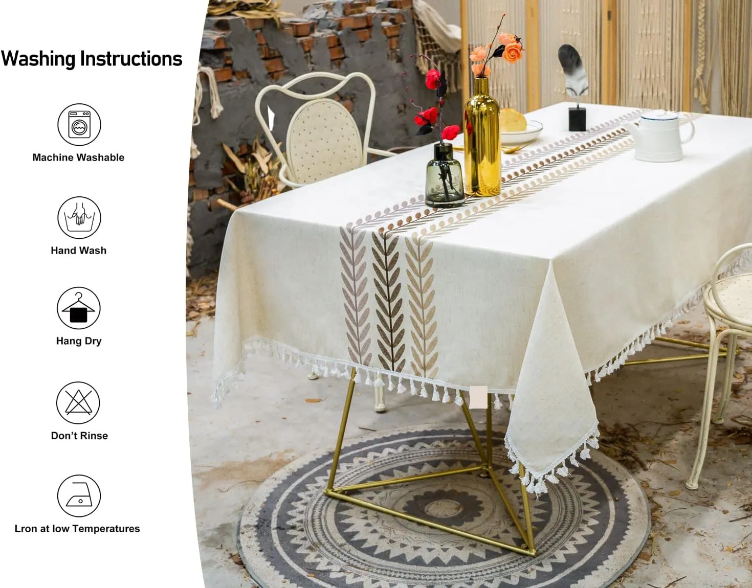 Linen Rectangle Table Cloth Waterproof Cotton Fabric Farmhouse Burlap Rustic Boho Embroidered Leaf Oblong Tablecloth for Party Holiday,Camping,Picnic,Kitchen and Dining Room Table Decor,55"x 102"