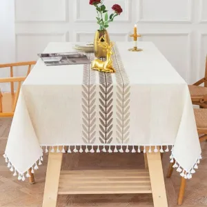 Linen Rectangle Table Cloth Waterproof Cotton Fabric Farmhouse Burlap Rustic Boho Embroidered Leaf Oblong Tablecloth for Party Holiday,Camping,Picnic,Kitchen and Dining Room Table Decor,55"x 102"