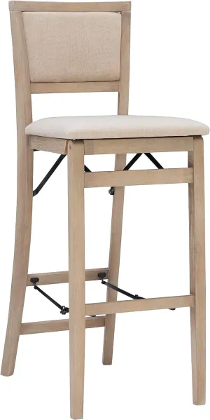 Linon Keira Natural Rustic Wooden Folding Barstool with Beige Upholstered Seat and Back