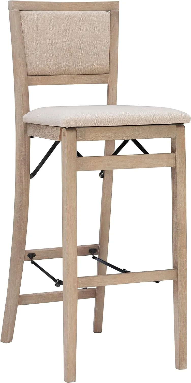Linon Keira Natural Rustic Wooden Folding Barstool with Beige Upholstered Seat and Back