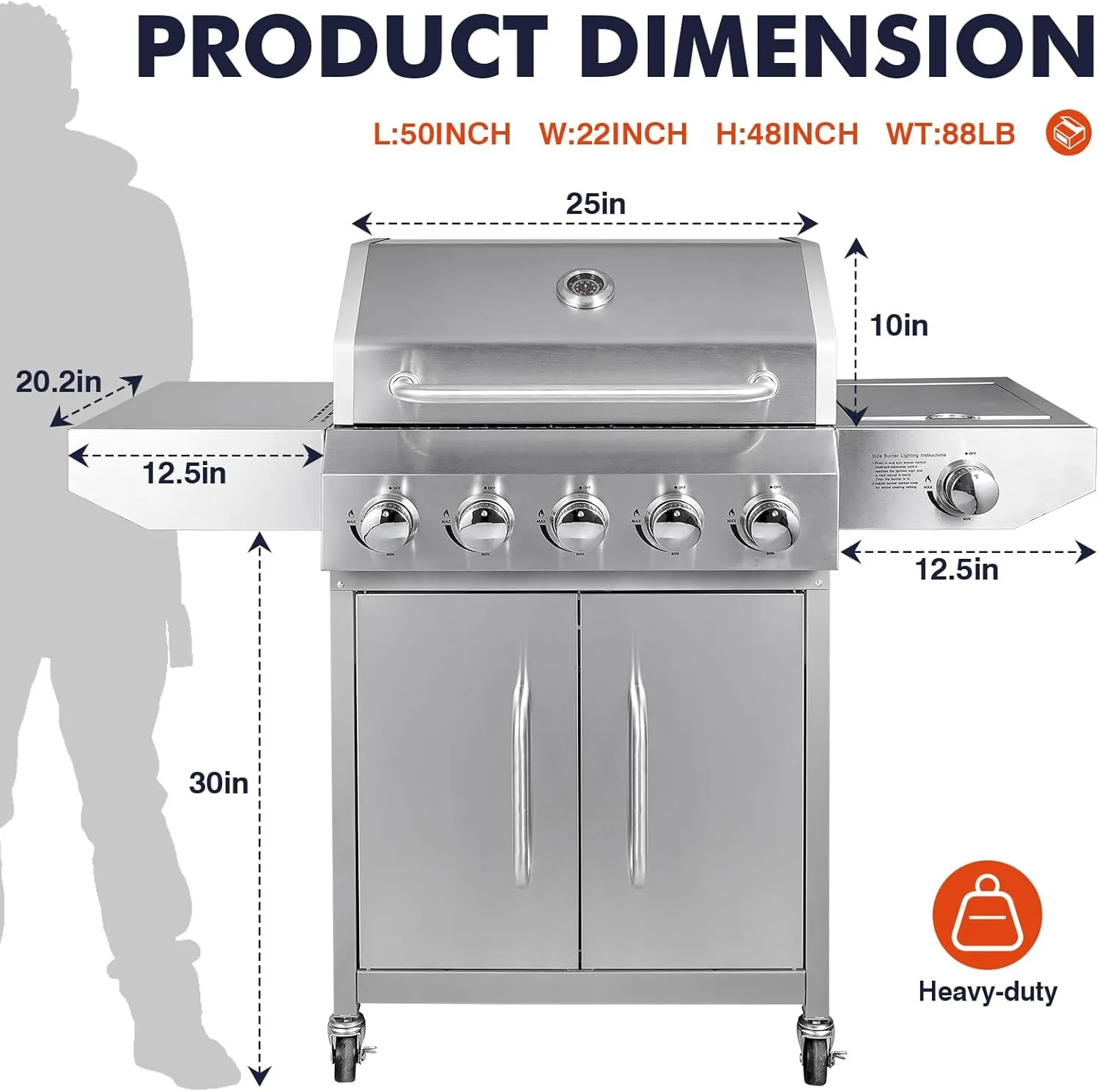 Llamaviva 5 Burner Propane Gas Grill with Side Burner,Stainless Steel BBQ Grill with Porcelain-Enameled Cast Iron Grates, 68000 BTU Cabinet-Style Cart Design for Outdoor Patio Barbecue- food clip