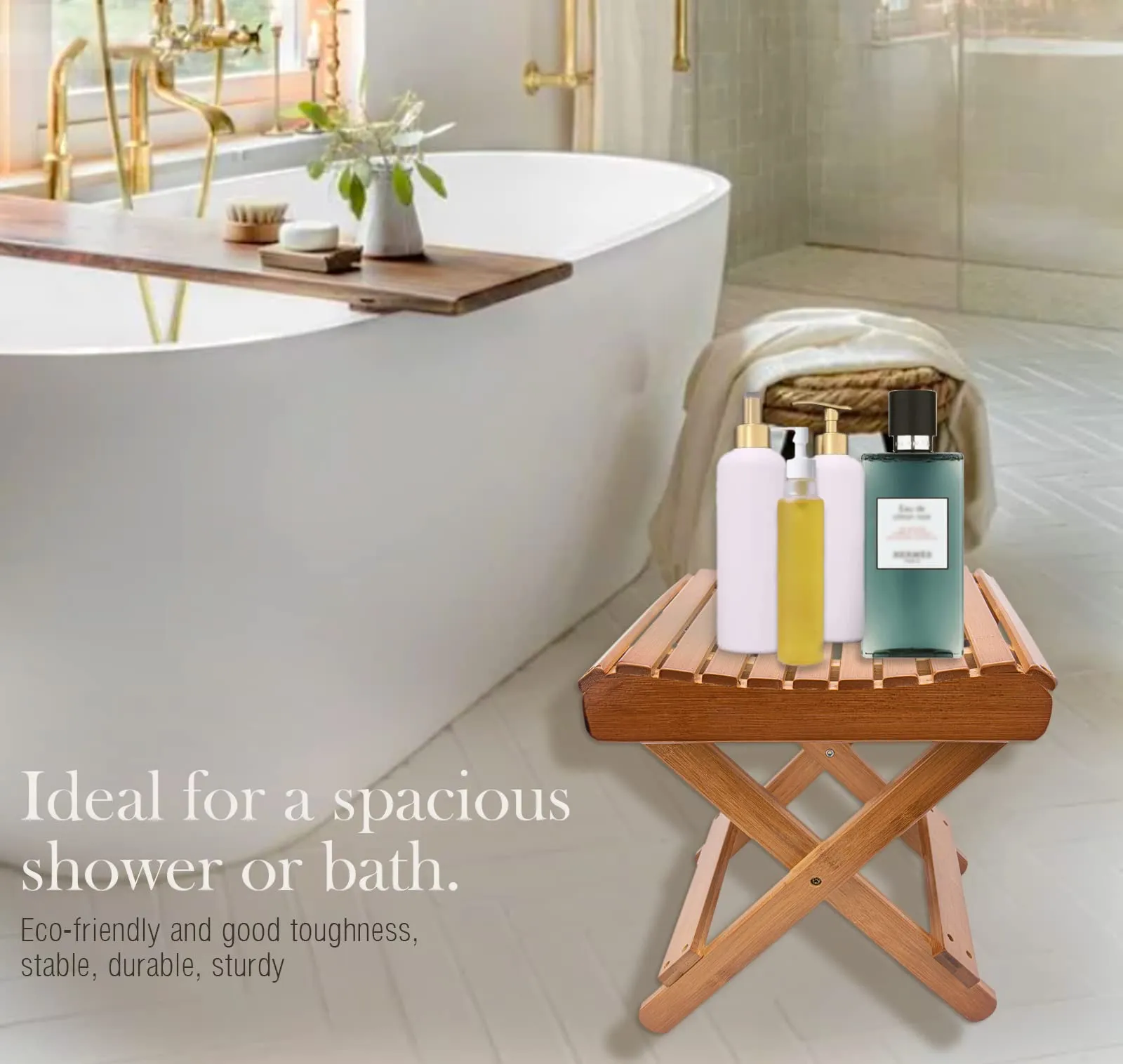 LOYPP Folding Bamboo Stool for Shower, Leg Shaving and Foot Rest, Natural Bamboo Folding Stool, Folding Bamboo Shower Seat, Fully Assembled, 12 Inch High