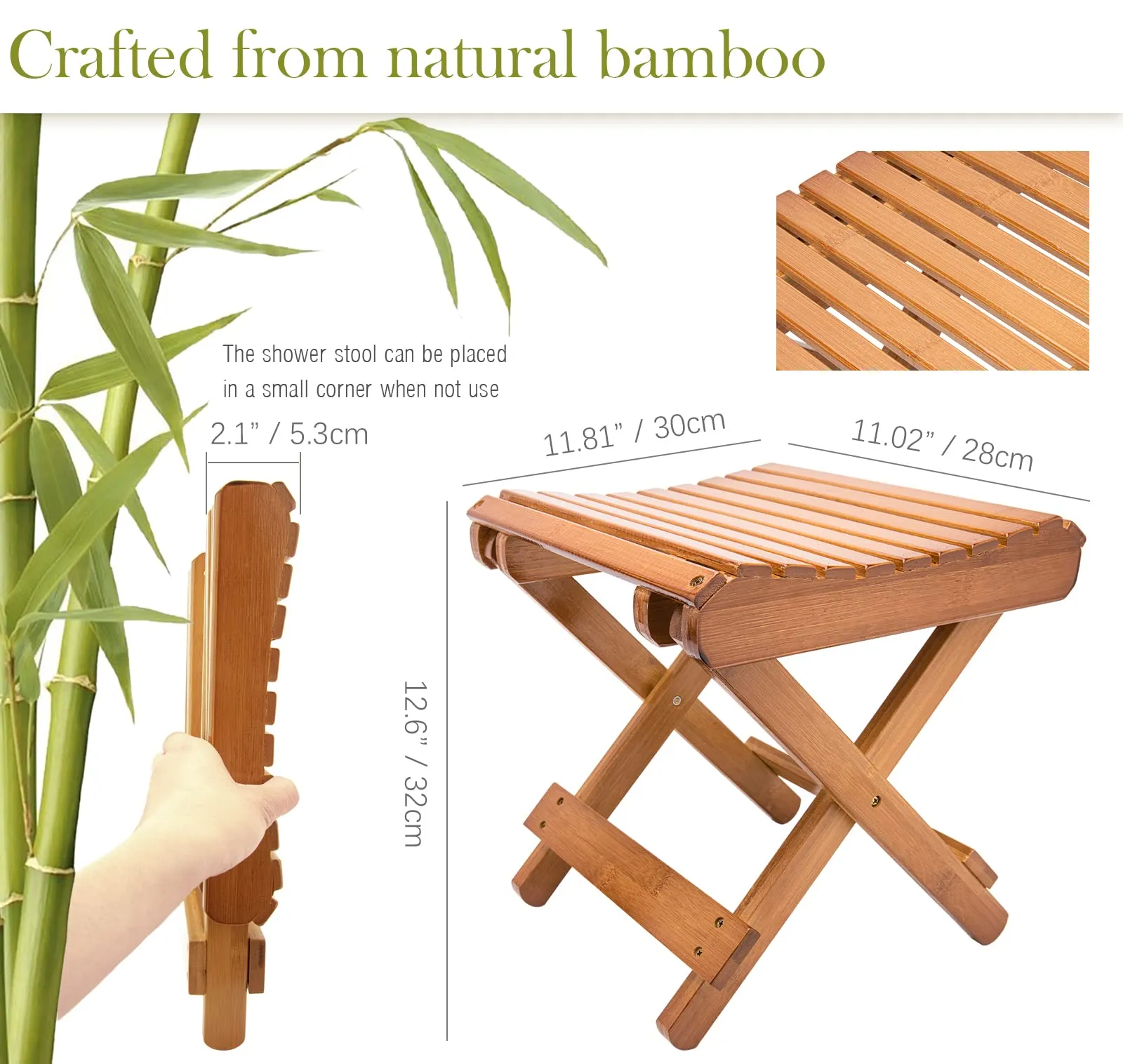 LOYPP Folding Bamboo Stool for Shower, Leg Shaving and Foot Rest, Natural Bamboo Folding Stool, Folding Bamboo Shower Seat, Fully Assembled, 12 Inch High
