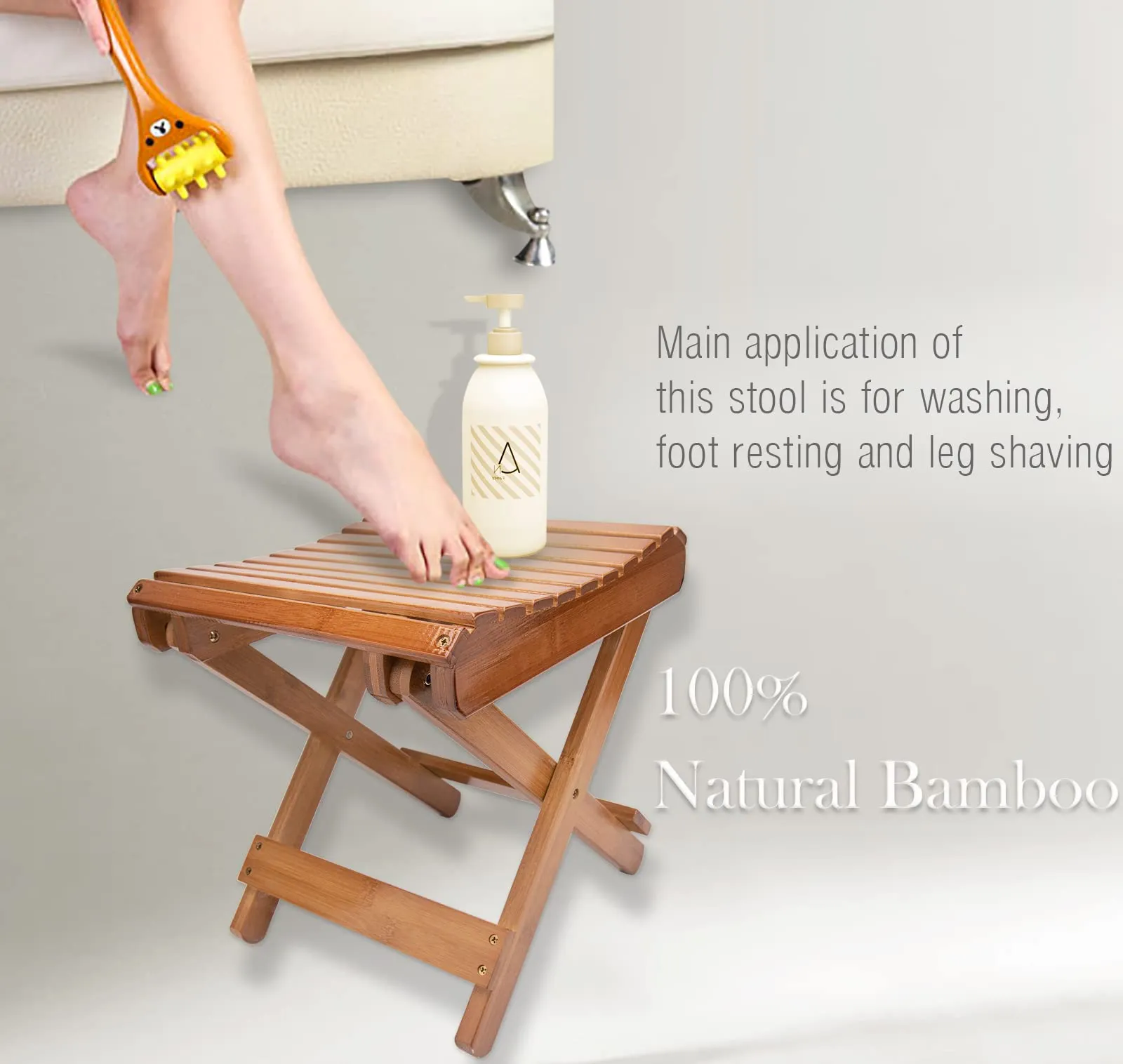 LOYPP Folding Bamboo Stool for Shower, Leg Shaving and Foot Rest, Natural Bamboo Folding Stool, Folding Bamboo Shower Seat, Fully Assembled, 12 Inch High