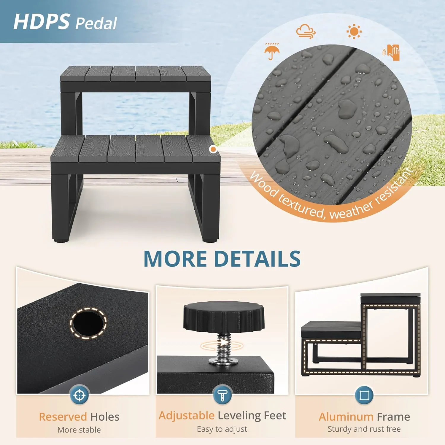 LUE BONA Hot Tub Steps, Outdoor 2-Step Stool with HDPS Treads and Aluminum Frame, Non-Slip Multi Purpose Stairs for Straight Sided Spa, Swimming Pool, Porch, RV, Deck, Kitchen, Dark Grey