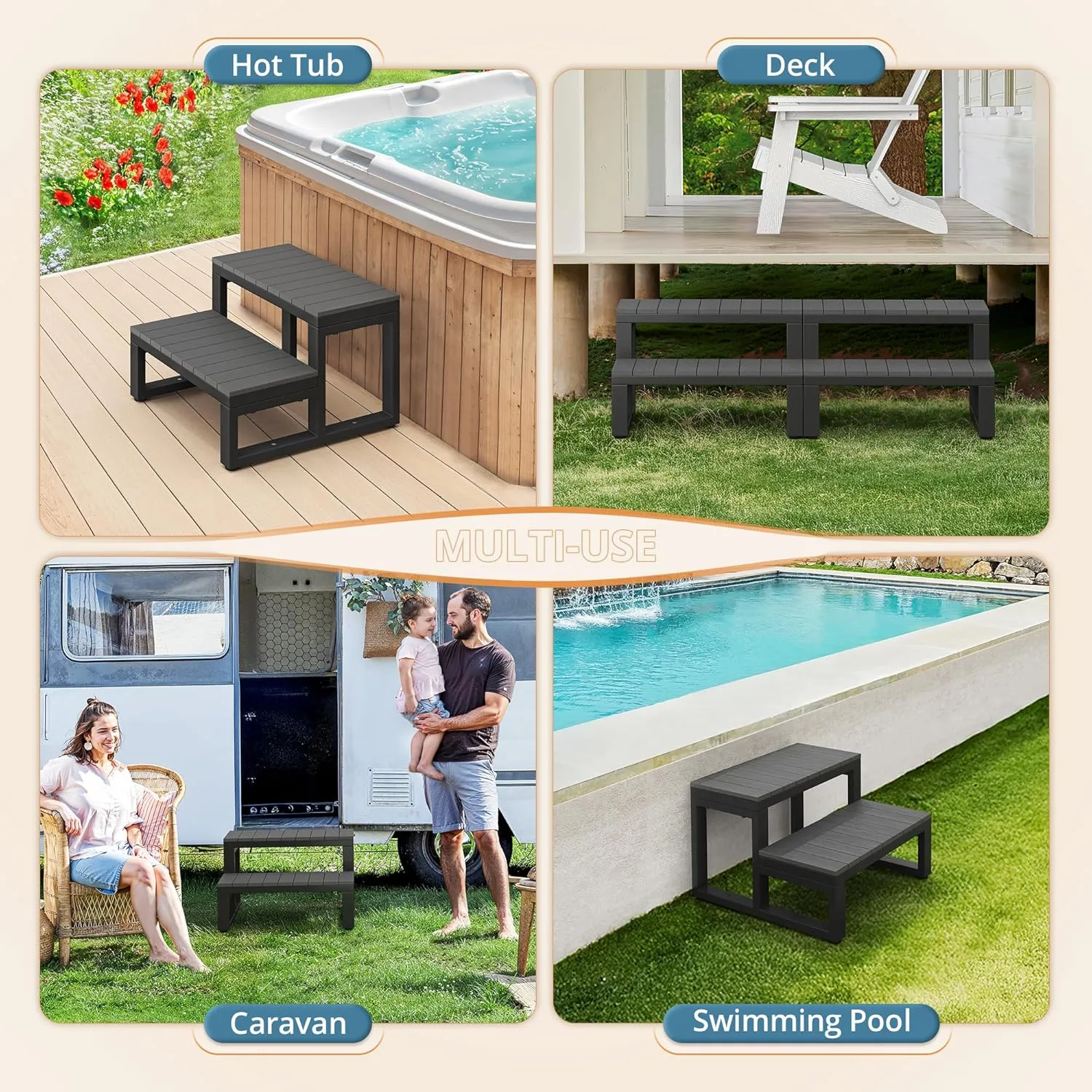 LUE BONA Hot Tub Steps, Outdoor 2-Step Stool with HDPS Treads and Aluminum Frame, Non-Slip Multi Purpose Stairs for Straight Sided Spa, Swimming Pool, Porch, RV, Deck, Kitchen for Adults, Dark Grey