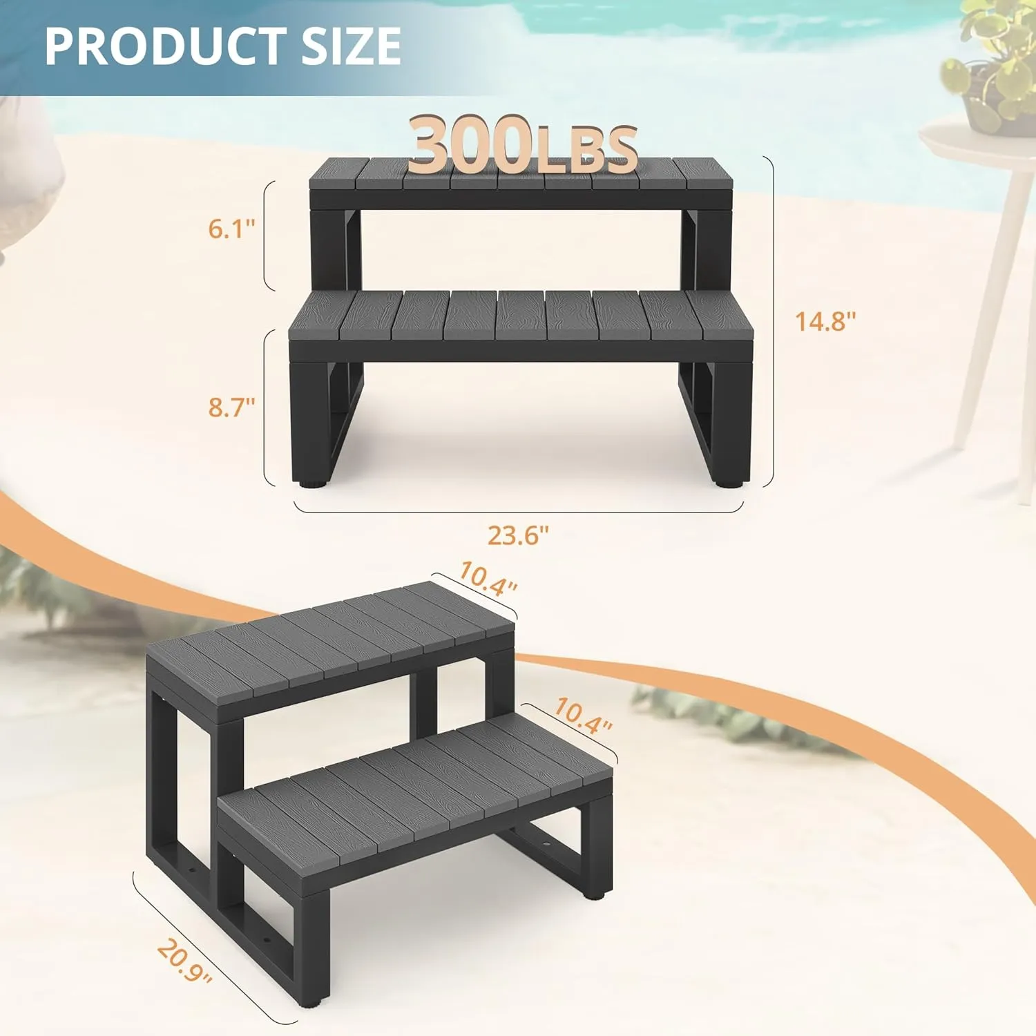 LUE BONA Hot Tub Steps, Outdoor 2-Step Stool with HDPS Treads and Aluminum Frame, Non-Slip Multi Purpose Stairs for Straight Sided Spa, Swimming Pool, Porch, RV, Deck, Kitchen for Adults, Dark Grey