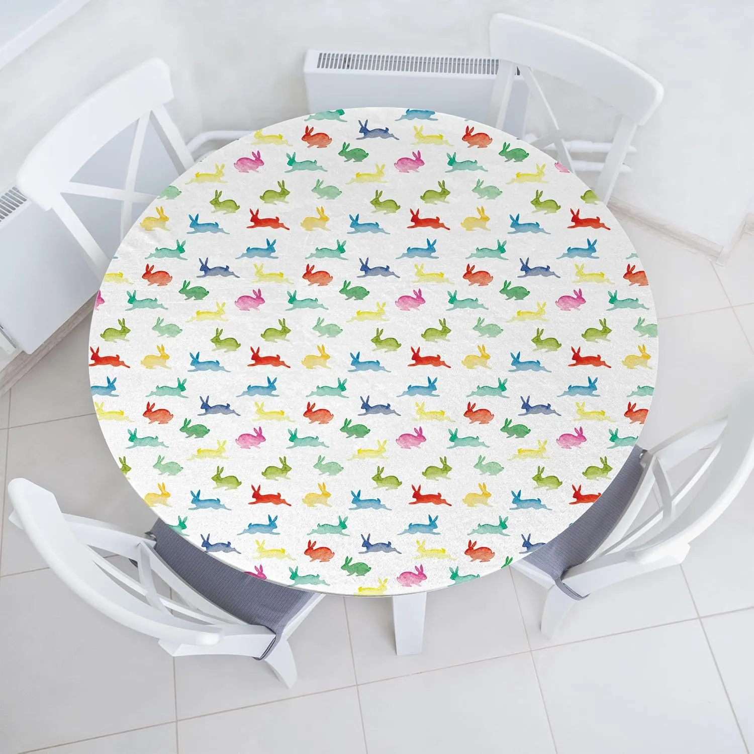 Lunarable Paint Fitted Round Tablecloth, Rabbits in Different Poses Jumping Running Bunnies Happy Easter Paintbrush Art, All Around Elastic Fabric Table Cover, 36"- 40" Diameter, Aqua Multicolor