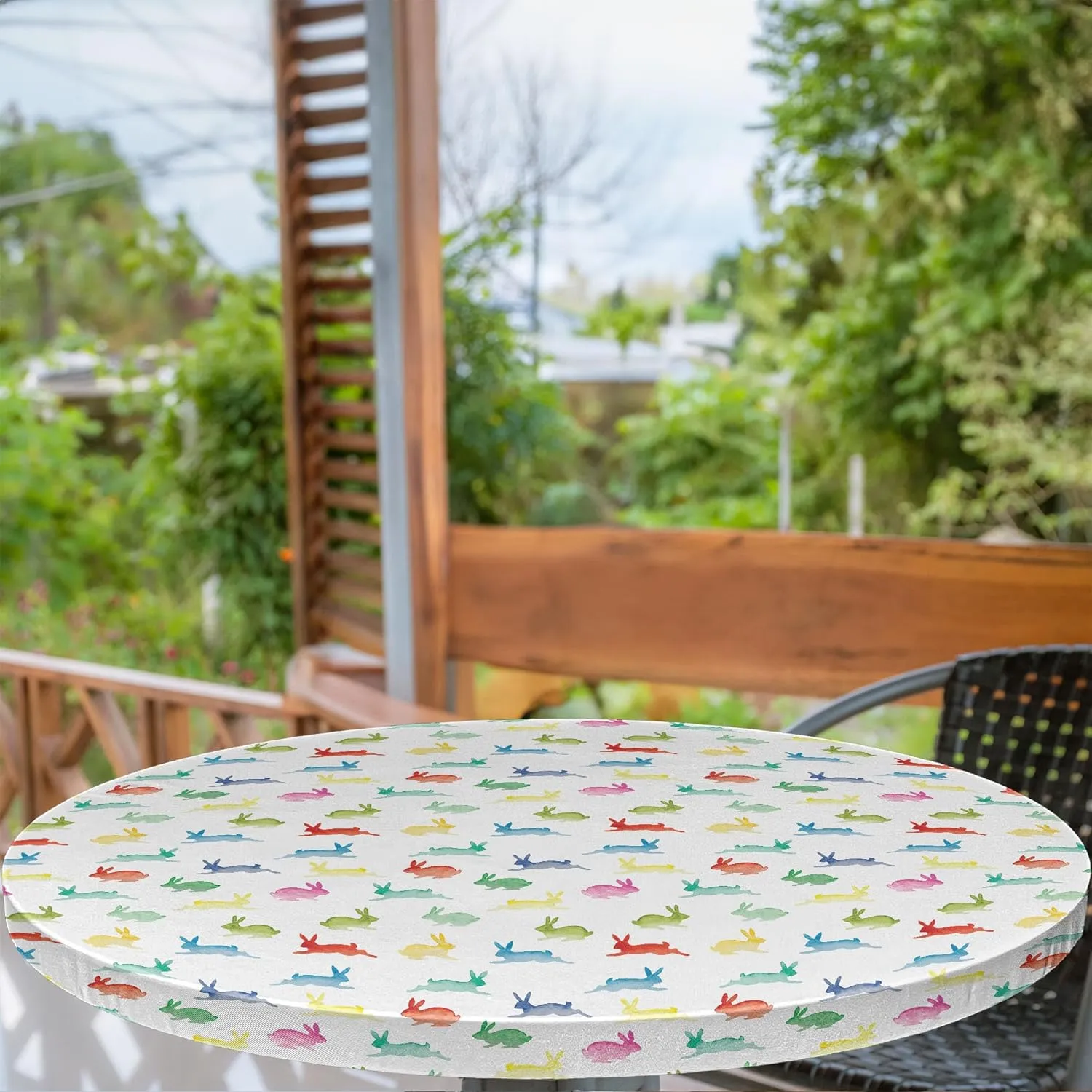 Lunarable Paint Fitted Round Tablecloth, Rabbits in Different Poses Jumping Running Bunnies Happy Easter Paintbrush Art, All Around Elastic Fabric Table Cover, 36"- 40" Diameter, Aqua Multicolor